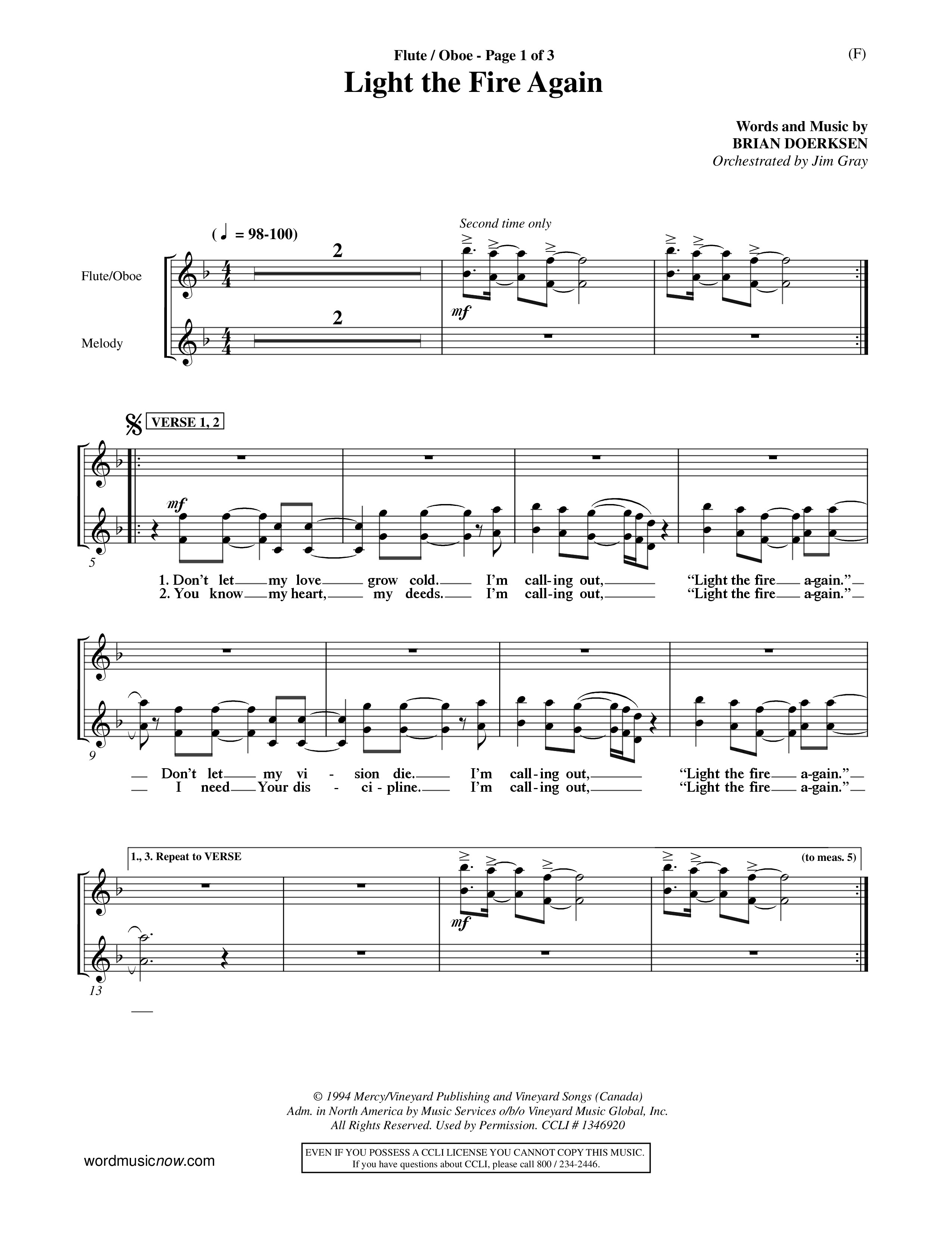 Light The Fire Again (Choral Anthem SATB) Flute/Oboe (Word Music Choral / Orch. Jim Gray)