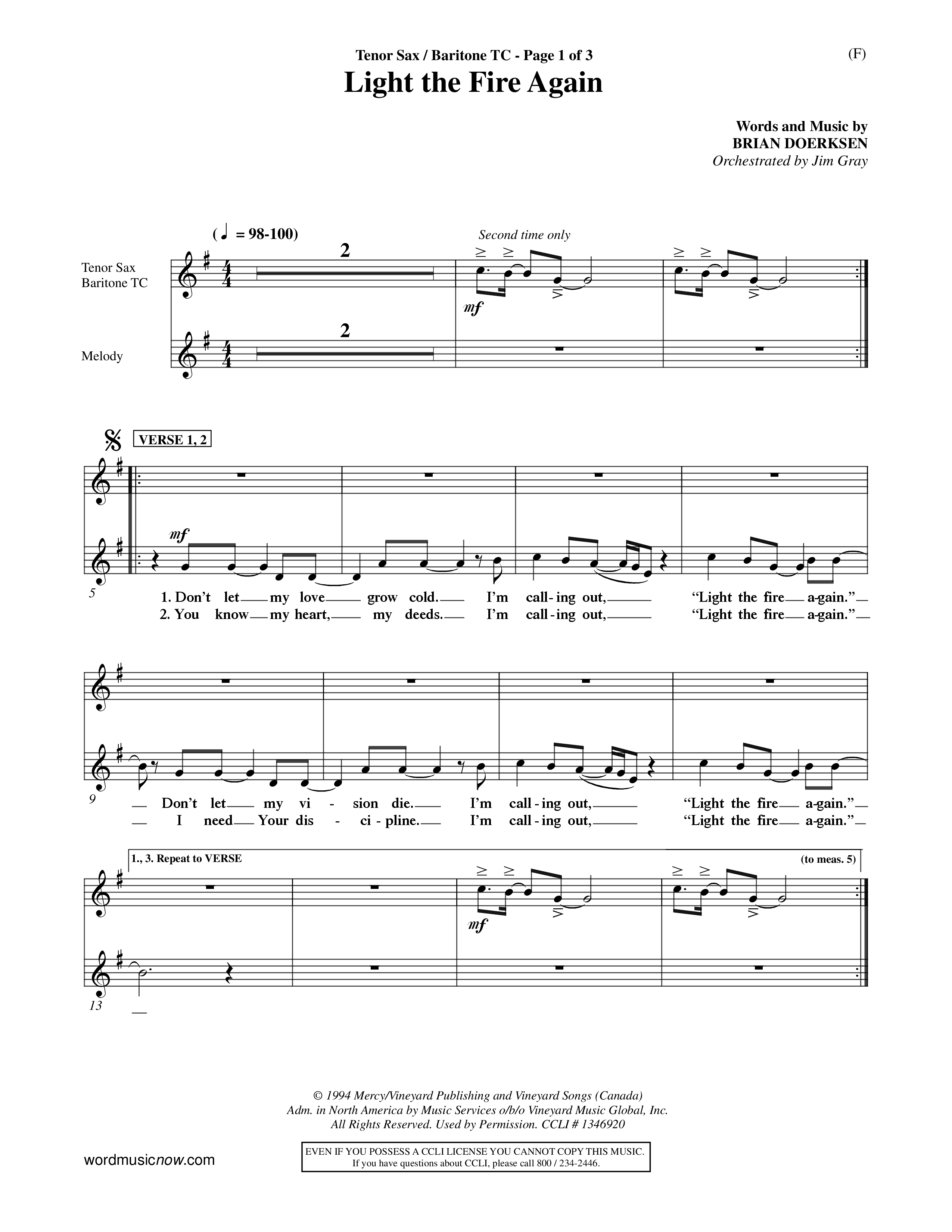 Light The Fire Again (Choral Anthem SATB) Tenor Sax/Baritone T.C. (Word Music Choral / Orch. Jim Gray)