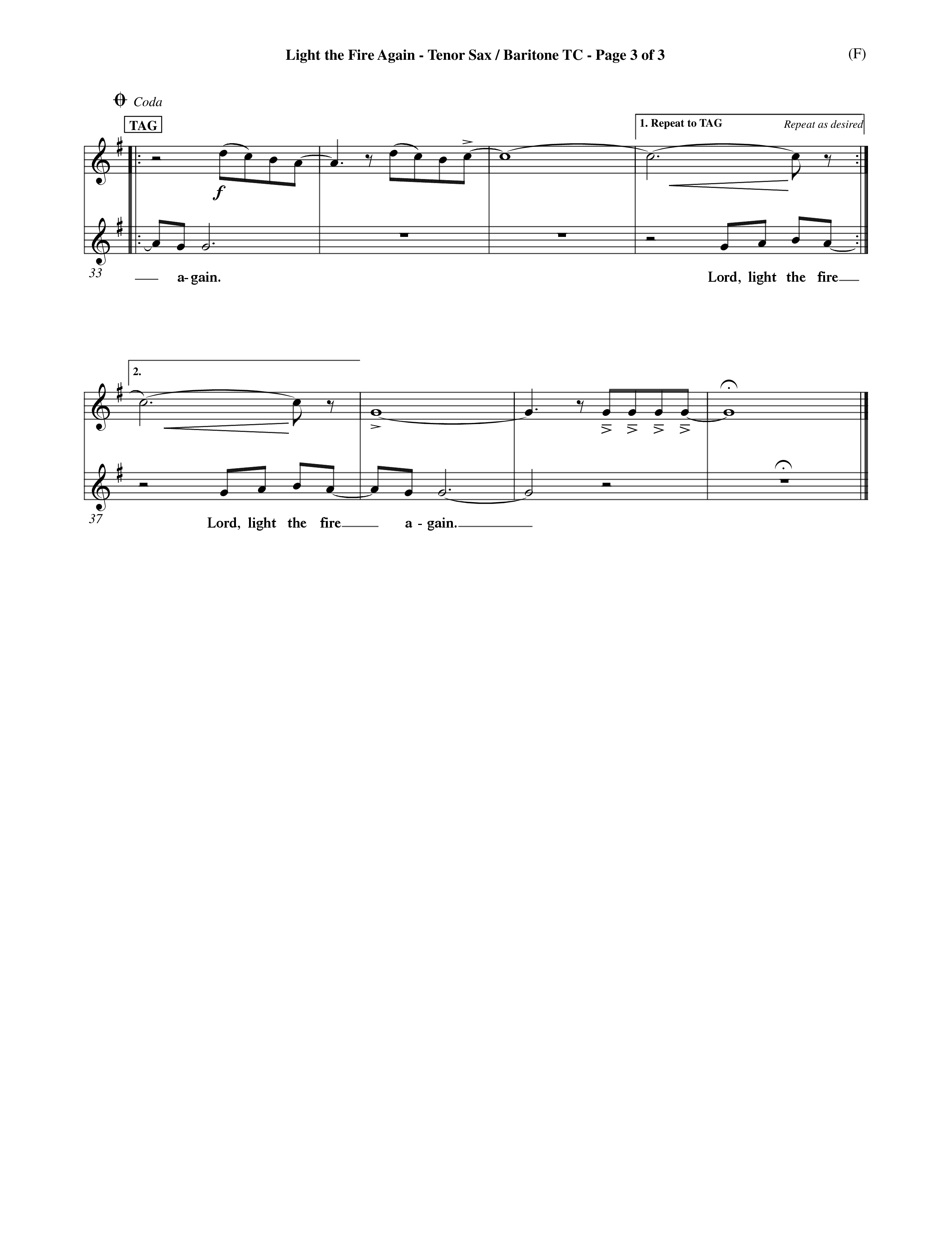 Light The Fire Again (Choral Anthem SATB) Tenor Sax/Baritone T.C. (Word Music Choral / Orch. Jim Gray)