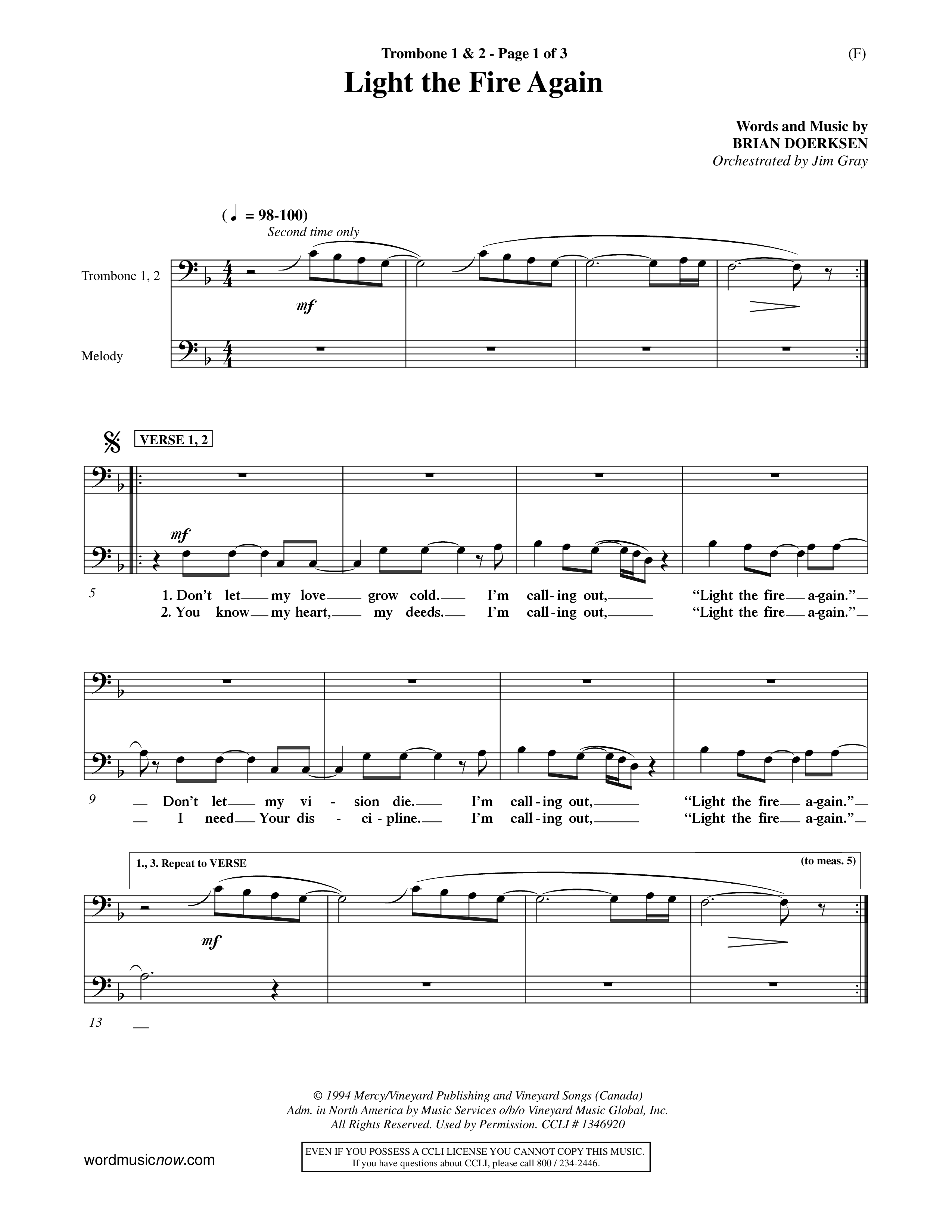 Light The Fire Again (Choral Anthem SATB) Trombone 1/2 (Word Music Choral / Orch. Jim Gray)