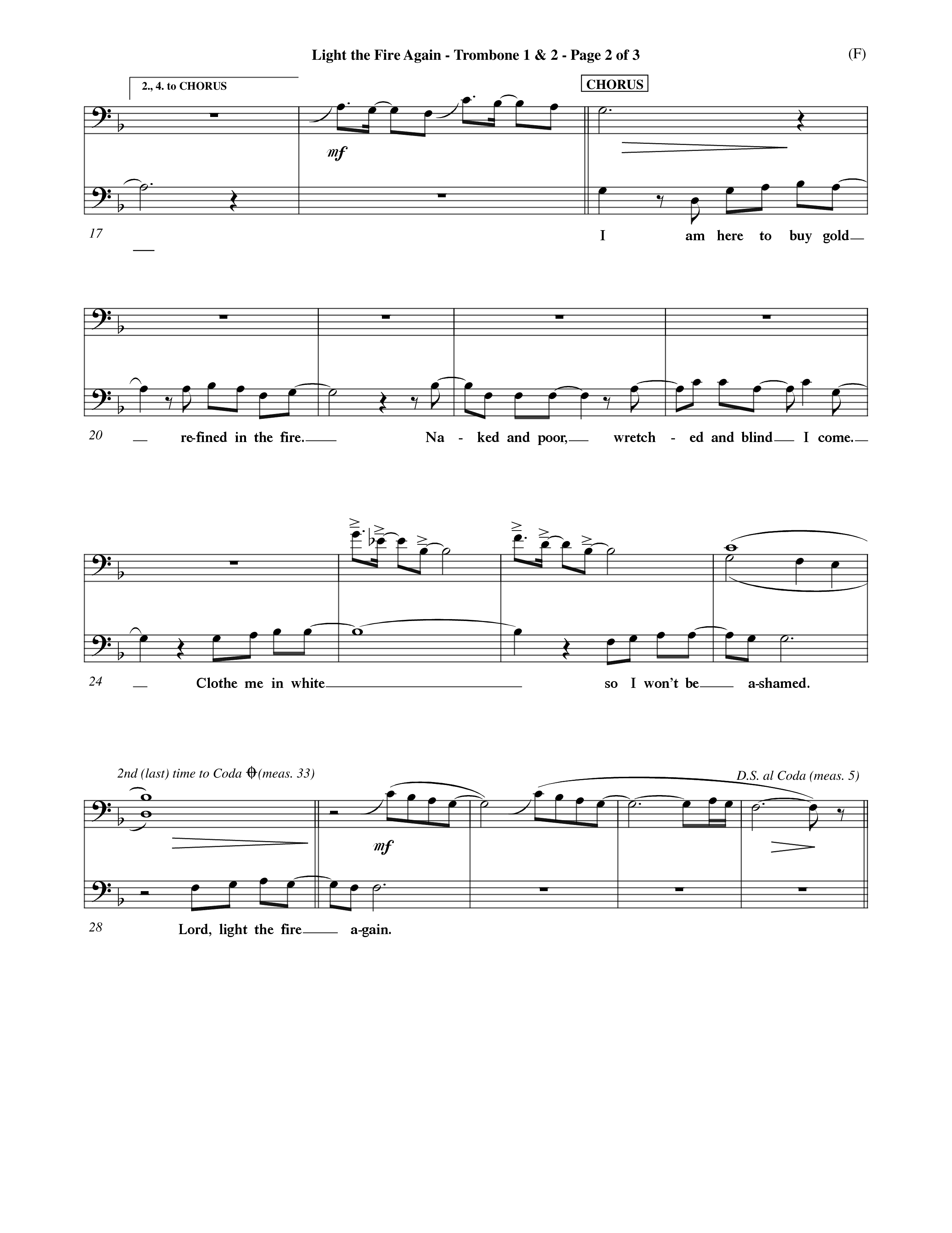 Light The Fire Again (Choral Anthem SATB) Trombone 1/2 (Word Music Choral / Orch. Jim Gray)