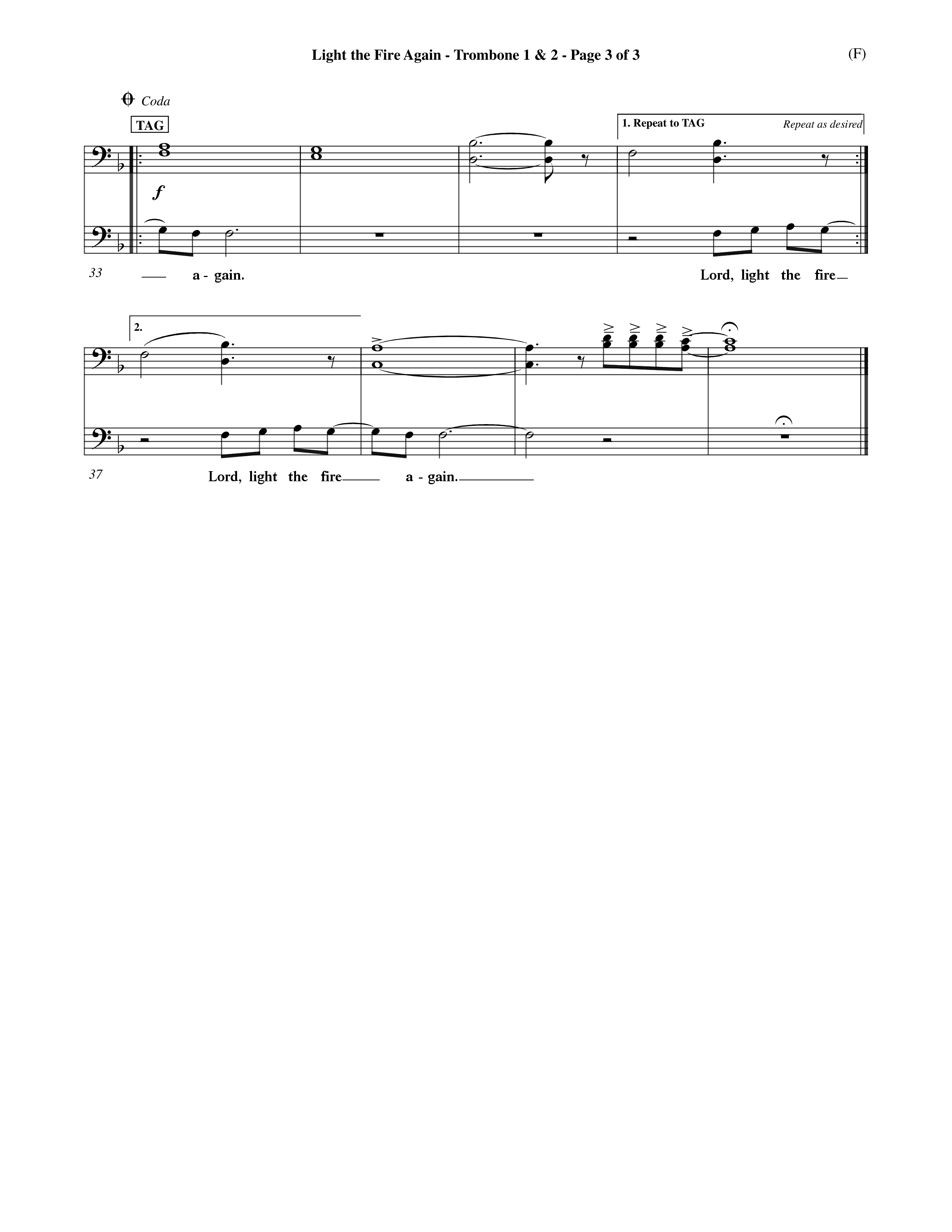 Light The Fire Again (Choral Anthem SATB) Trombone 1/2 (Word Music Choral / Orch. Jim Gray)