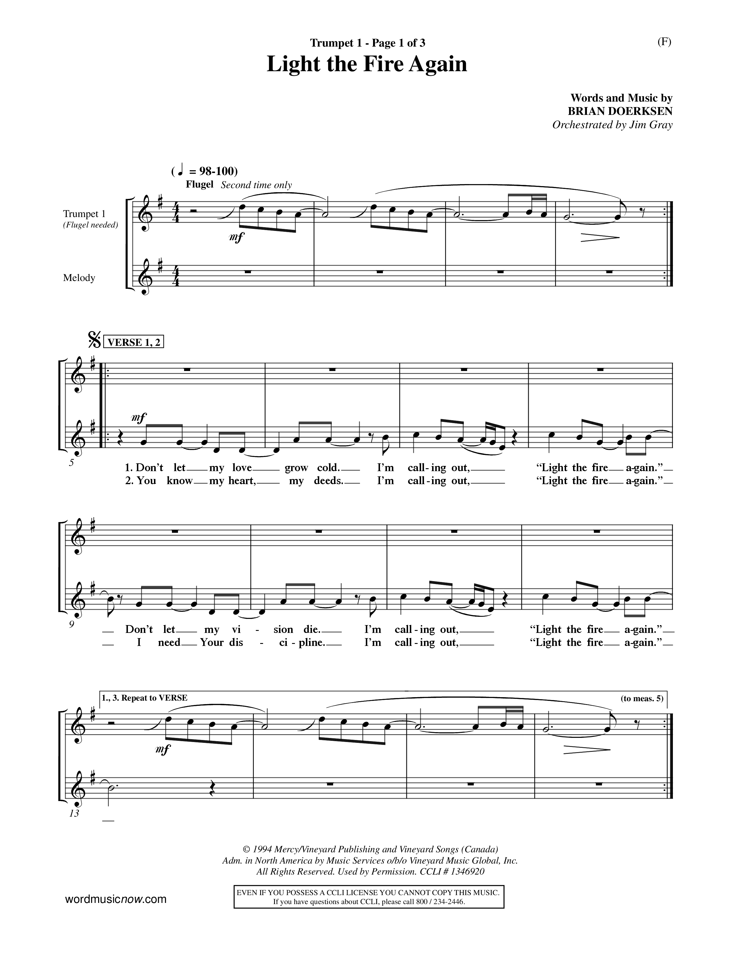 Light The Fire Again (Choral Anthem SATB) Trumpet 1 (Word Music Choral / Orch. Jim Gray)
