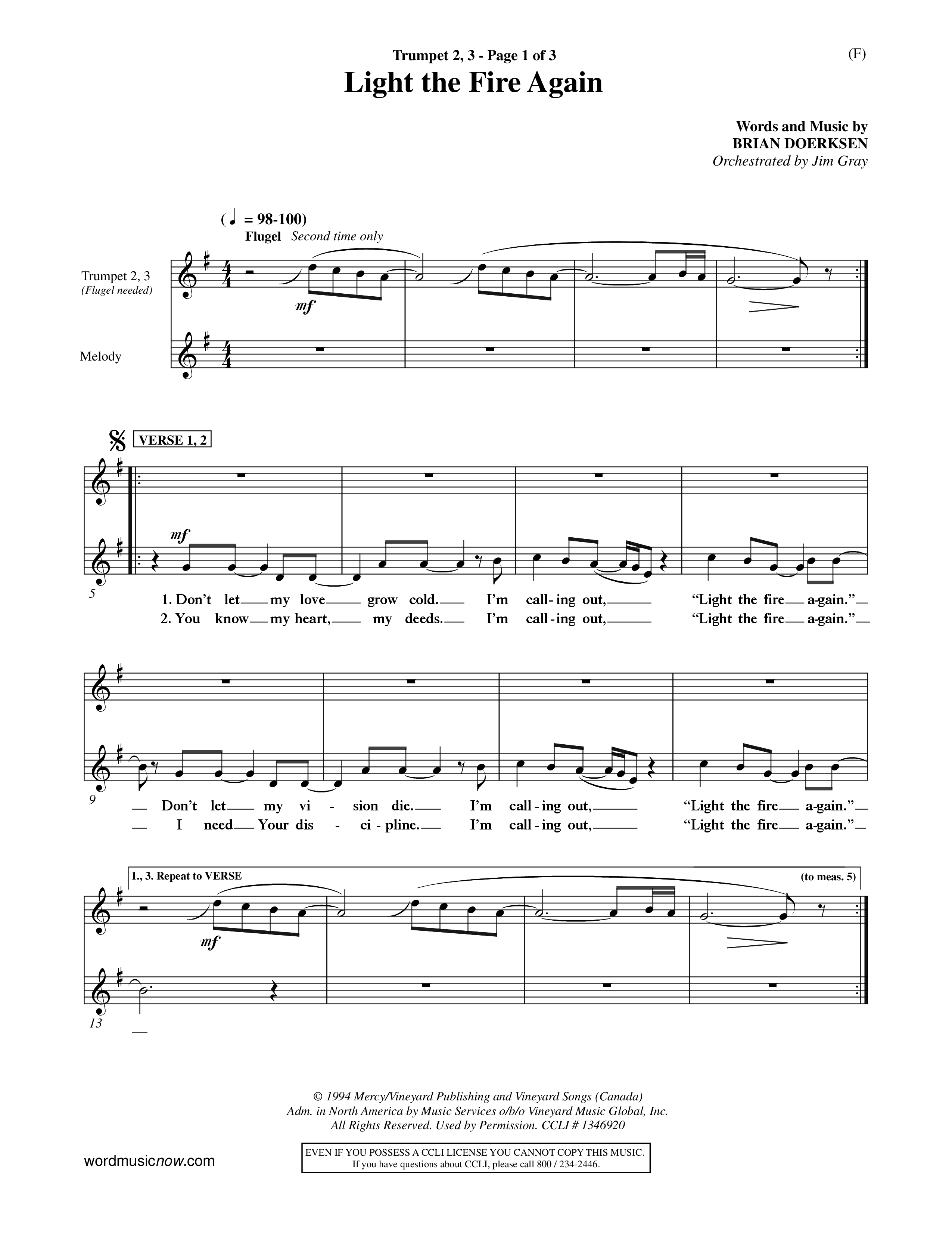 Light The Fire Again (Choral Anthem SATB) Trumpet 2/3 (Word Music Choral / Orch. Jim Gray)