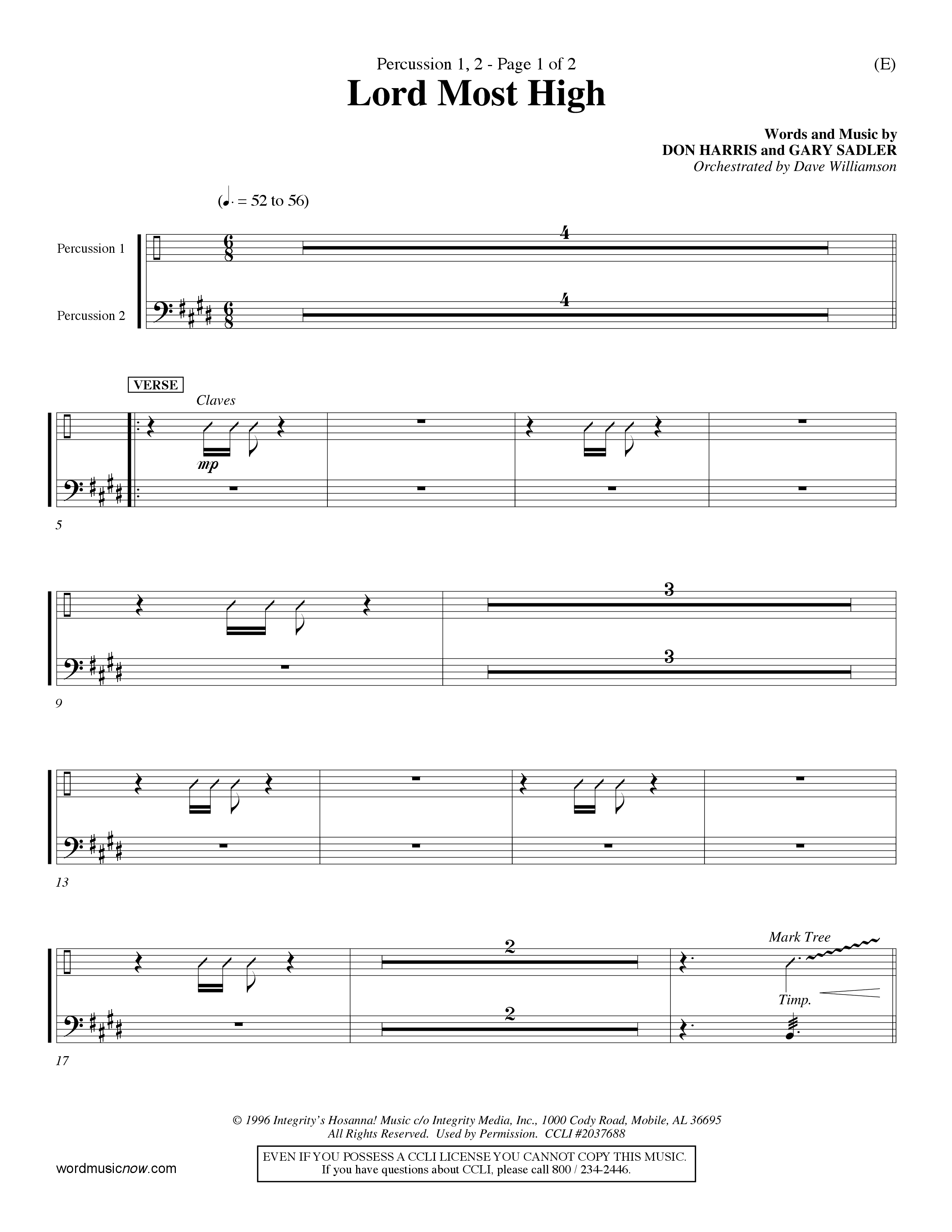 Lord Most High (Choral Anthem SATB) Percussion 1/2 (Word Music Choral / Orch. Dave Williamson)