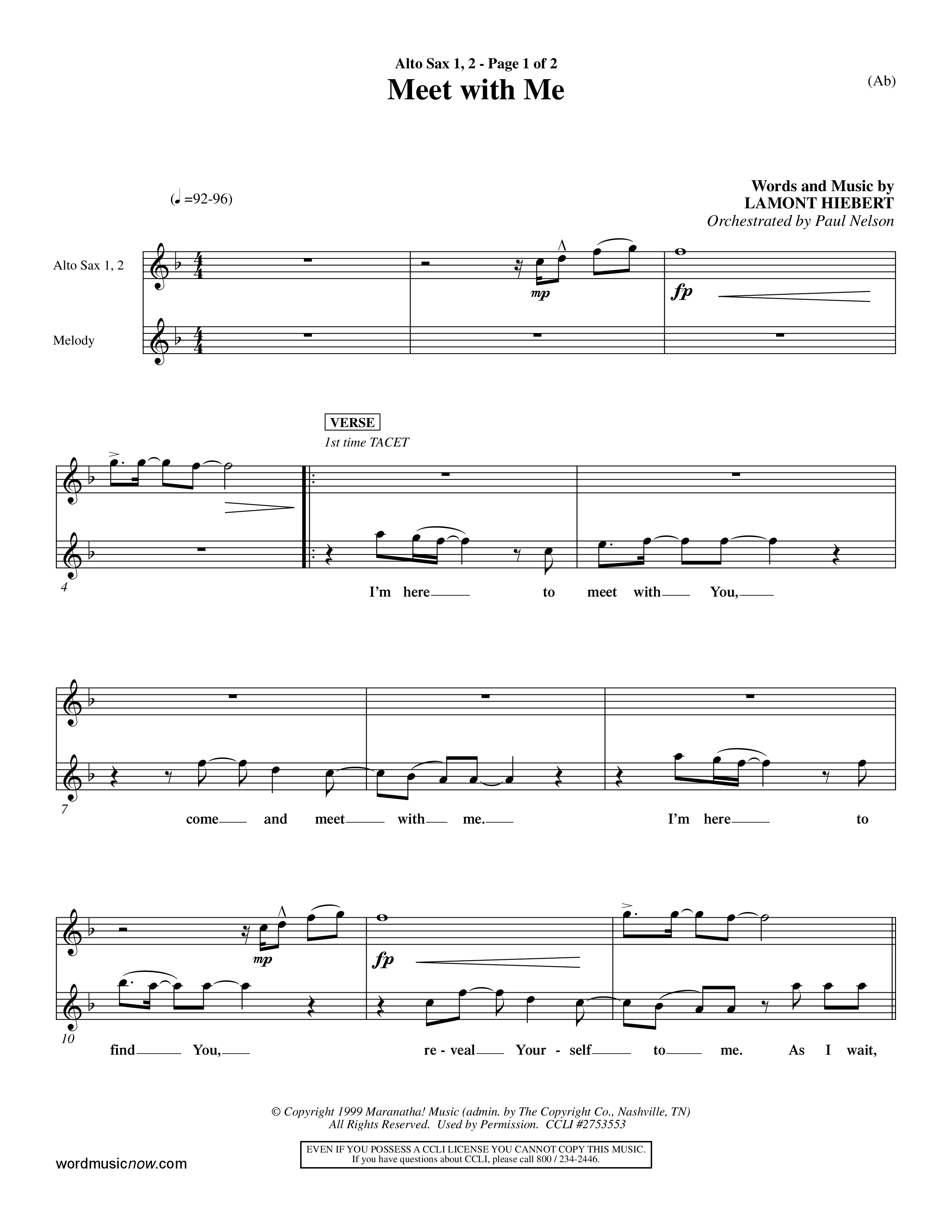Meet With Me (Choral Anthem SATB) Alto Sax 1/2 (Word Music Choral / Orch. Paul Nelson)