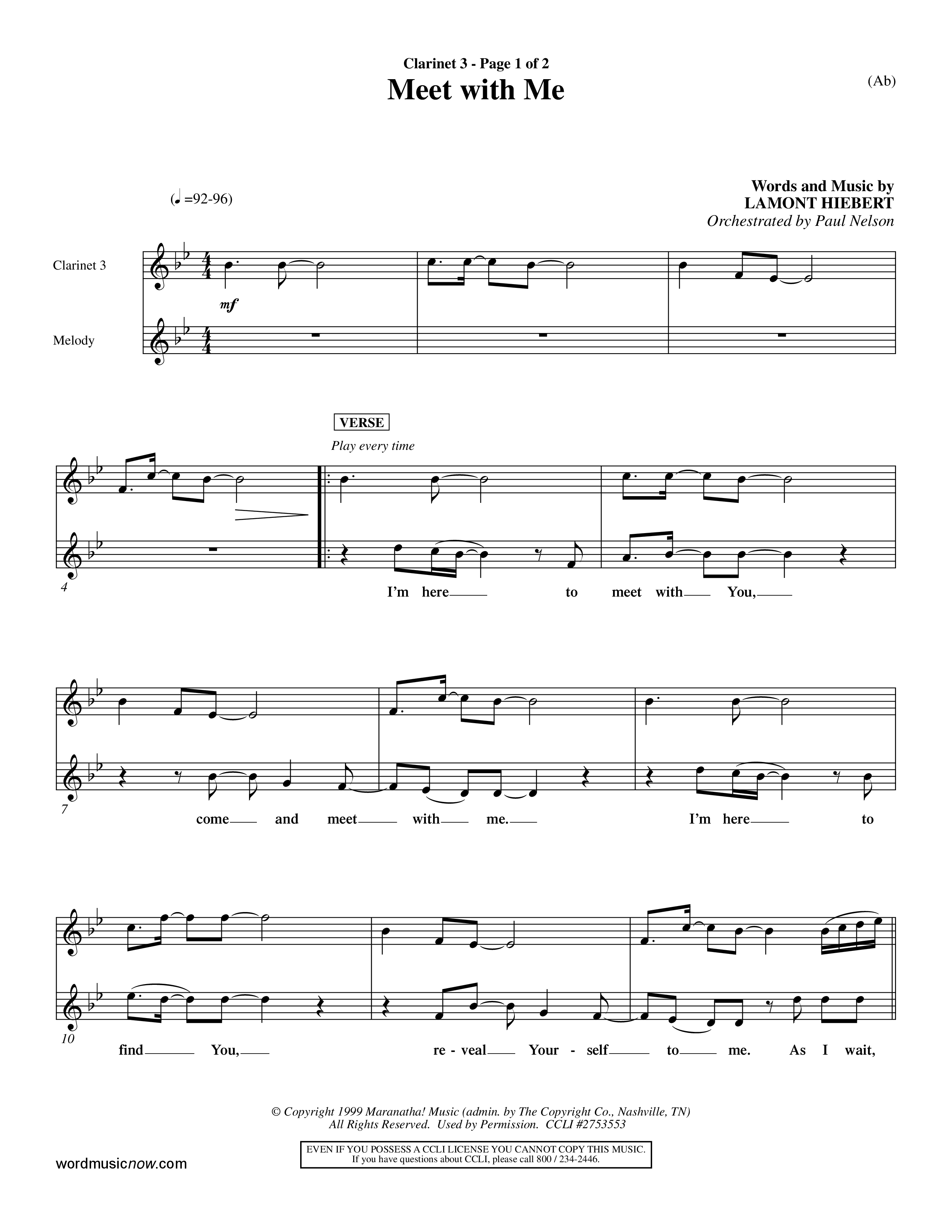 Meet With Me (Choral Anthem SATB) Clarinet 3 (Word Music Choral / Orch. Paul Nelson)