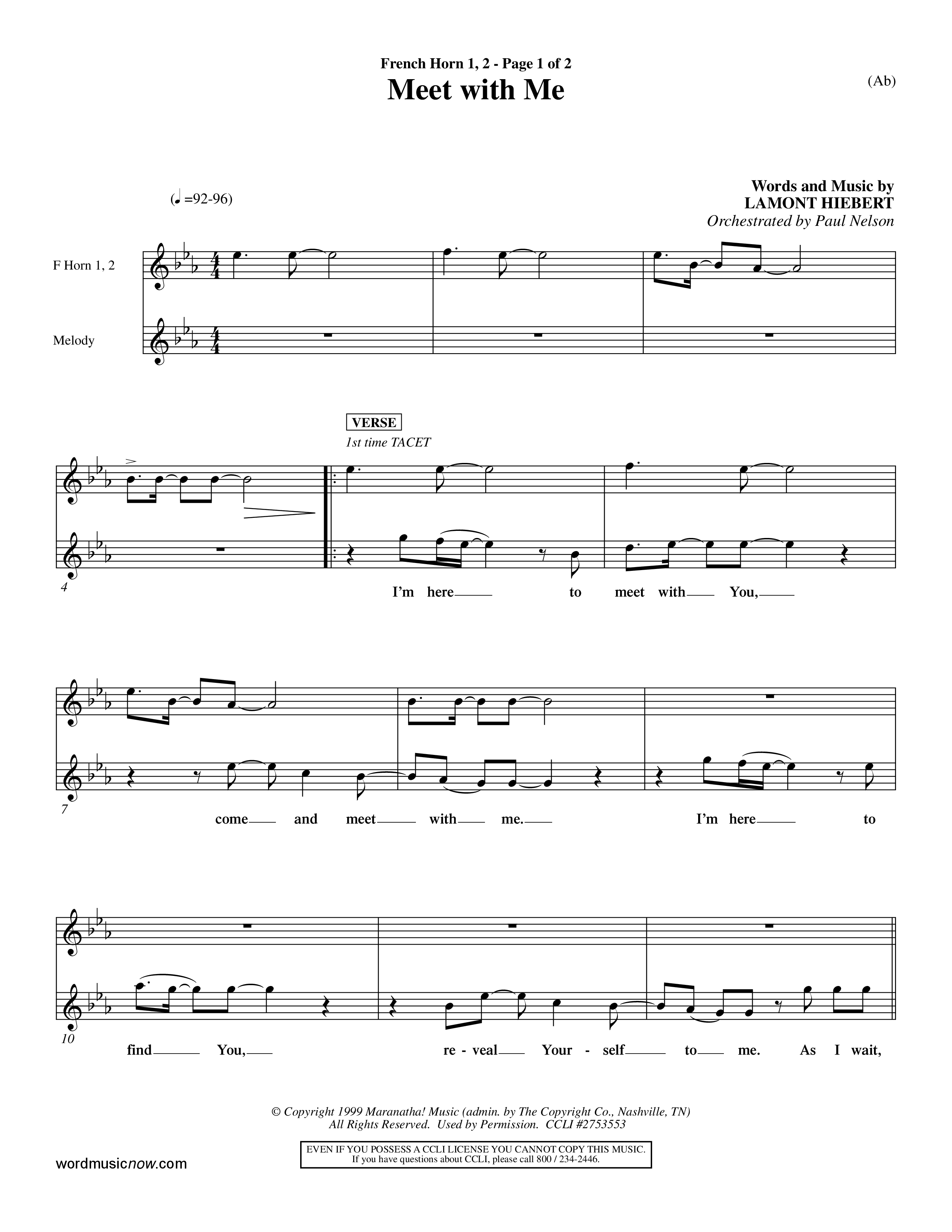 Meet With Me (Choral Anthem SATB) French Horn (Word Music Choral / Orch. Paul Nelson)