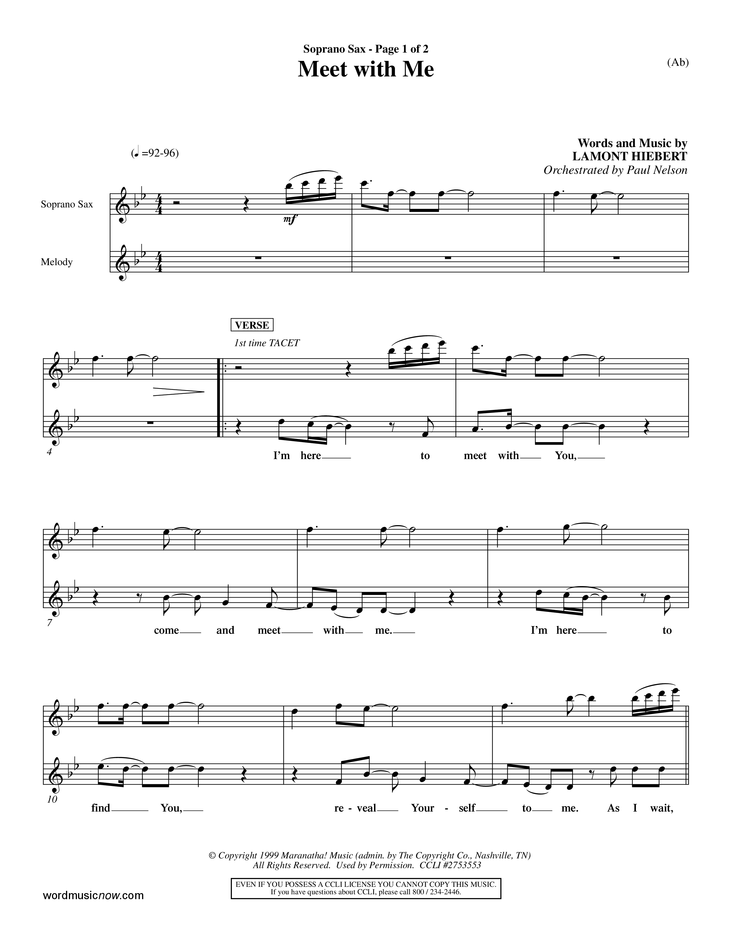Meet With Me (Choral Anthem SATB) Saxophone (Word Music Choral / Orch. Paul Nelson)