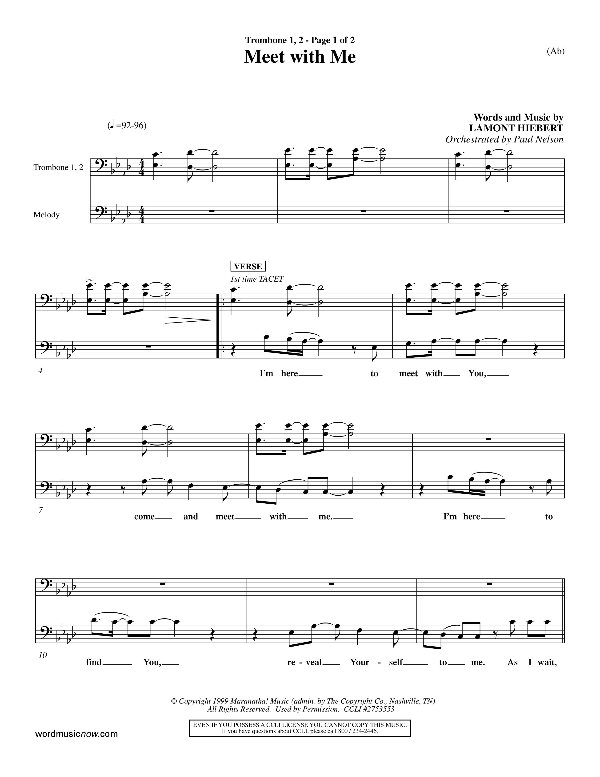 Meet With Me (Choral Anthem SATB) Trombone 1/2 (Word Music Choral / Orch. Paul Nelson)