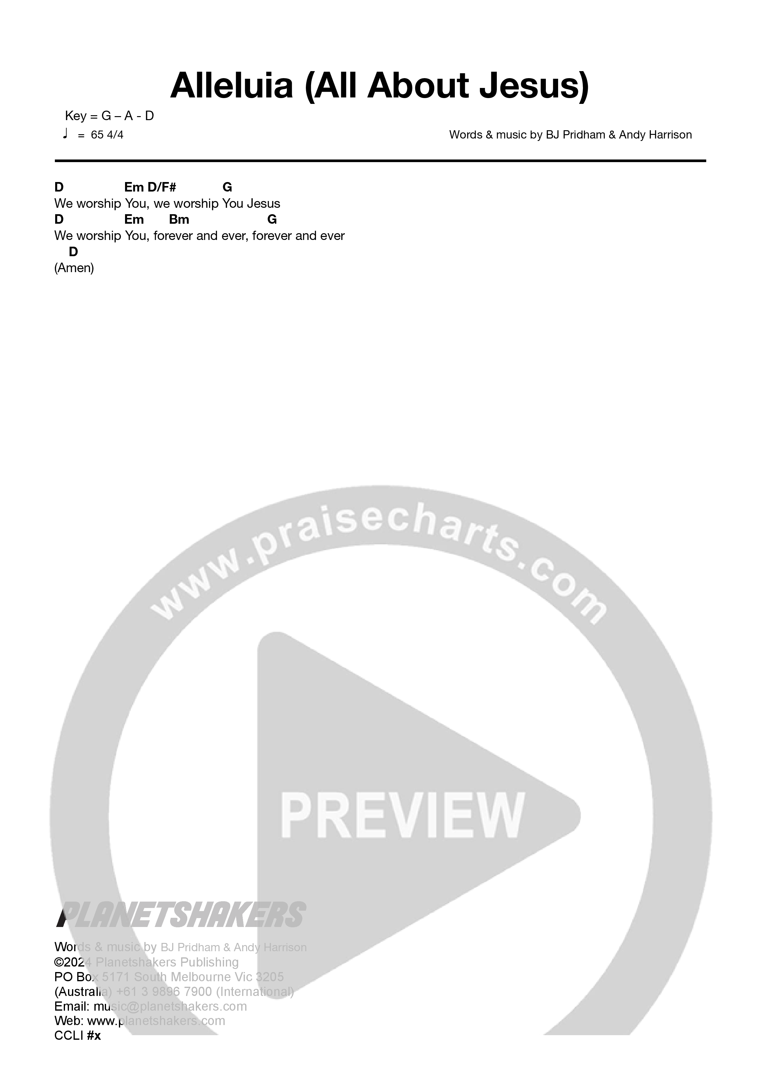 Alleluia (All About Jesus) (Live) Chord Chart (Planetshakers)