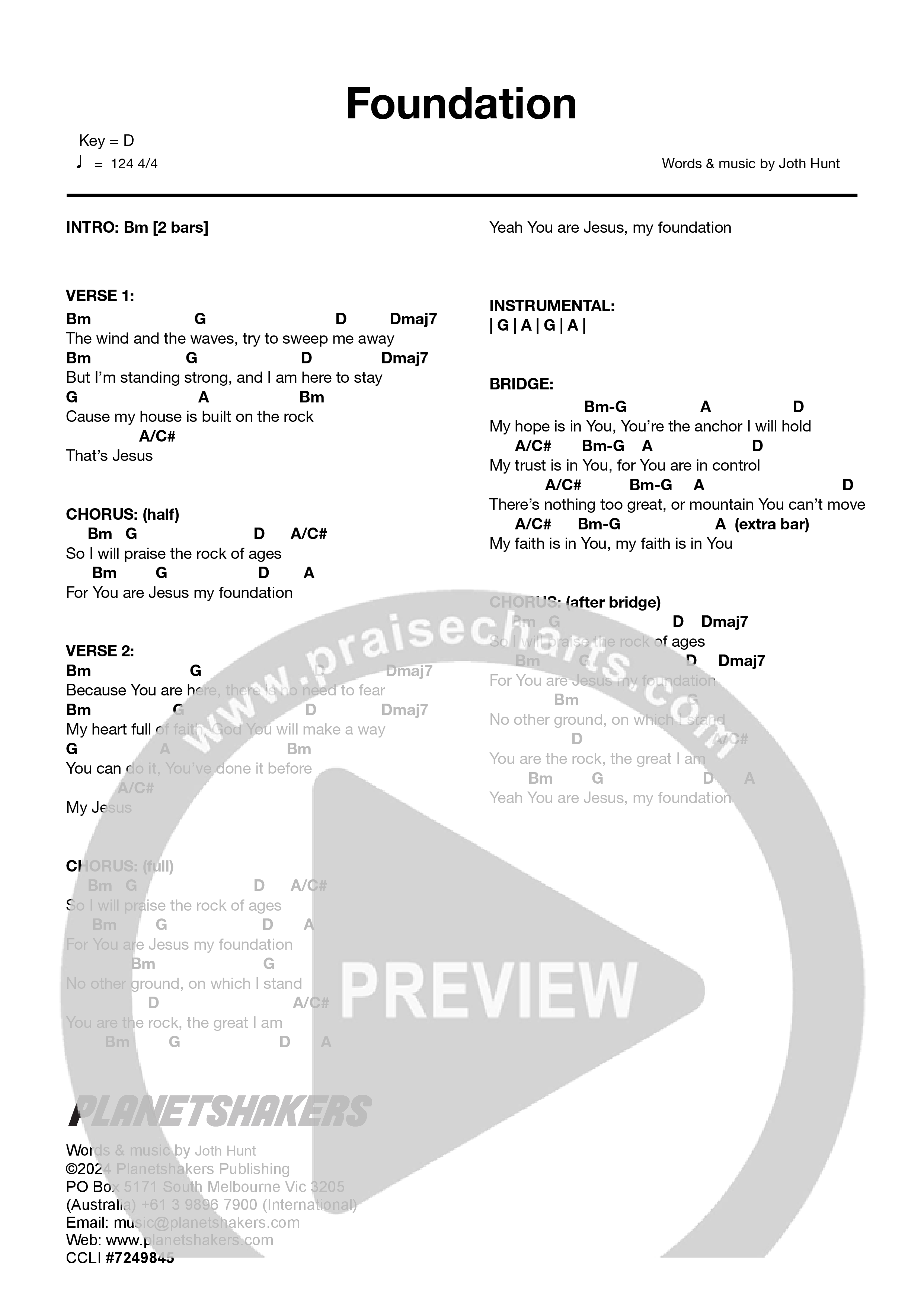 Foundation (Live) Chord Chart (Planetshakers)