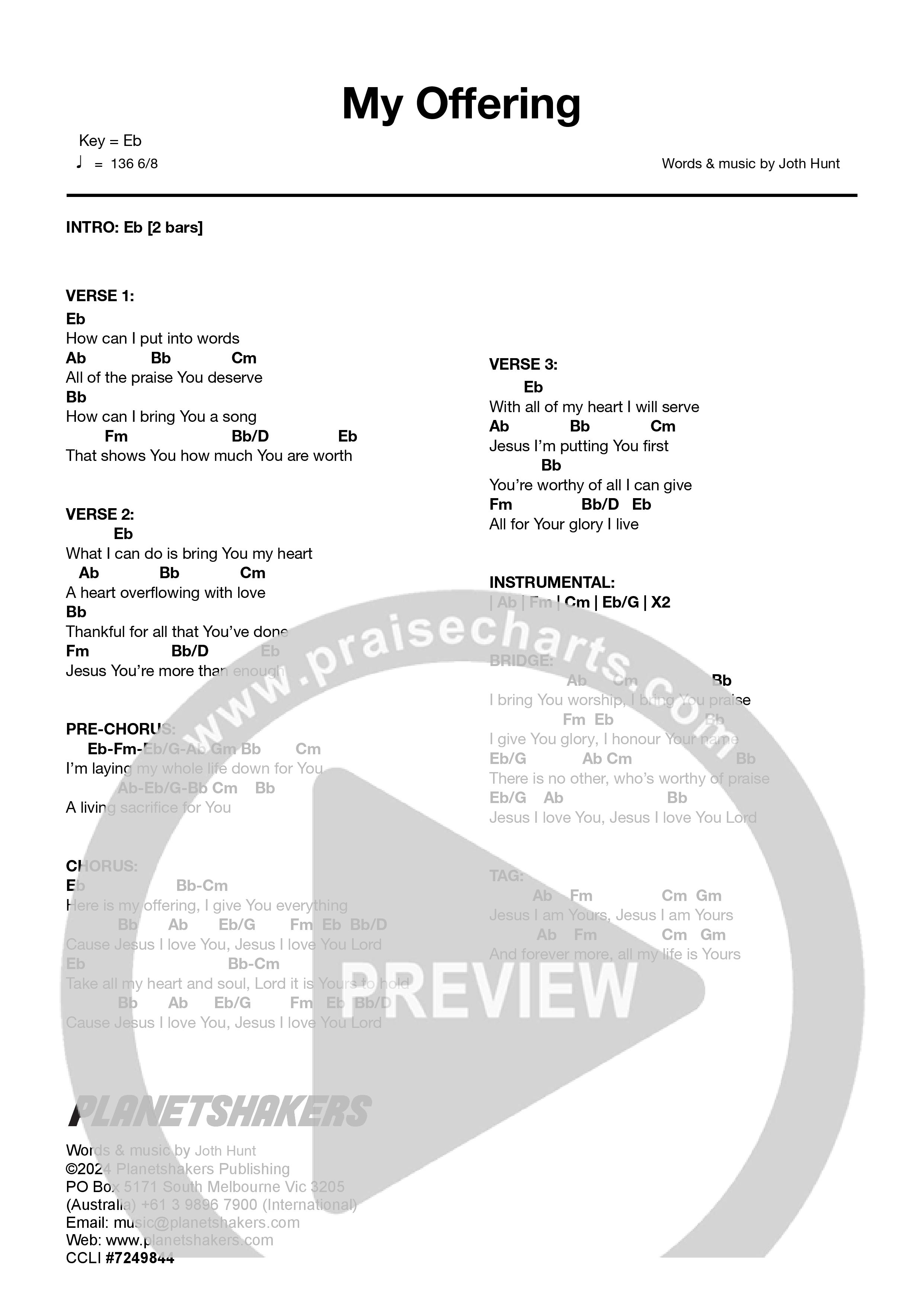 My Offering (Live) Chord Chart (Planetshakers)