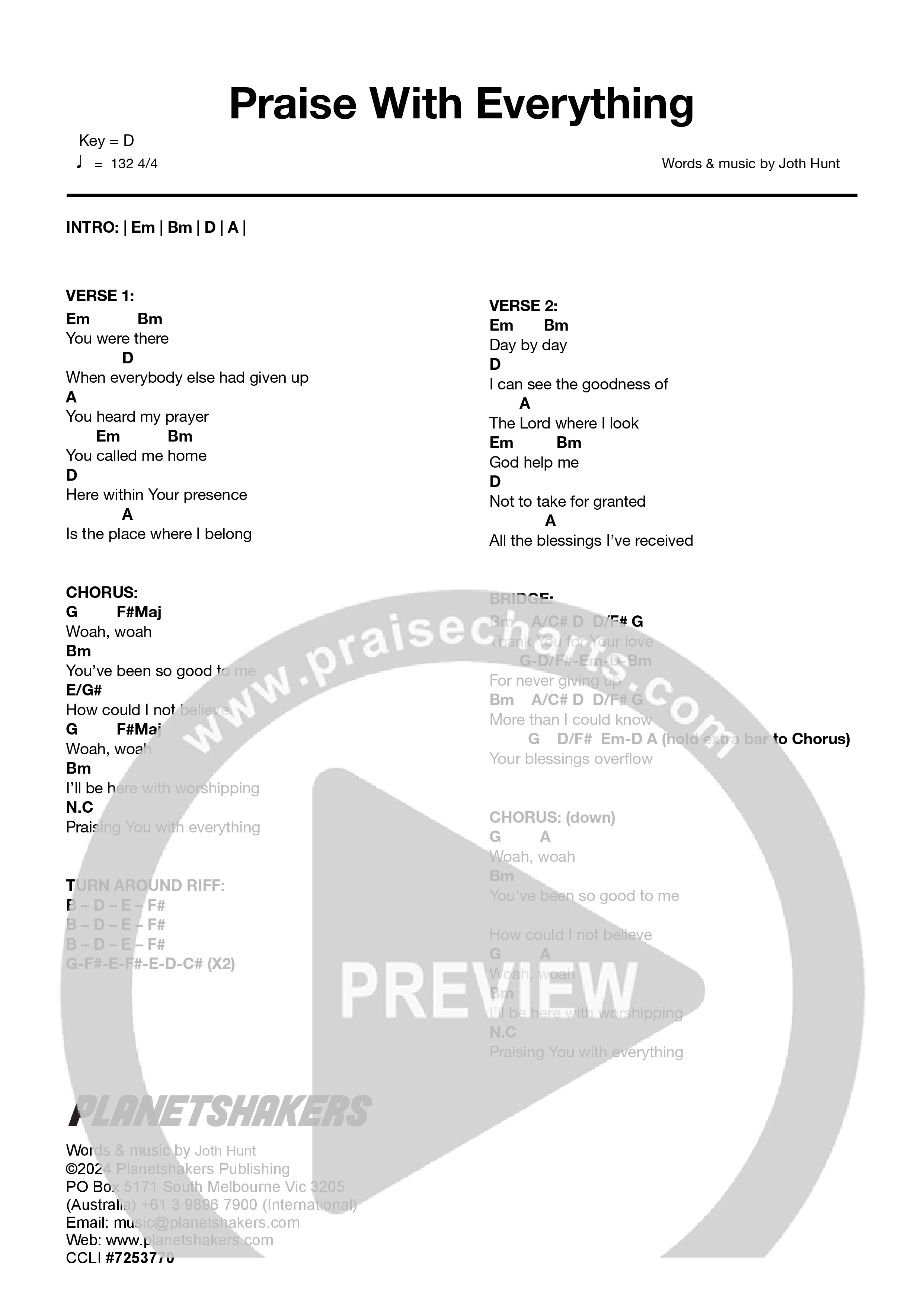 Praise With Everything (Live) Chord Chart (Planetshakers)