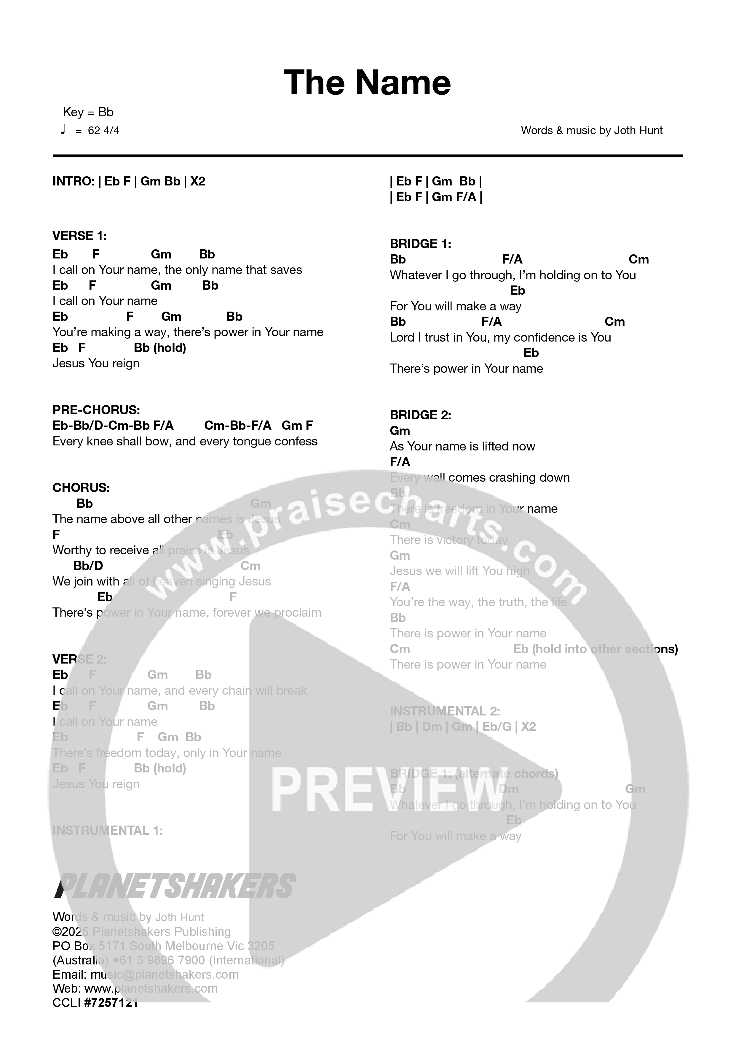 The Name (Live) Chord Chart (Planetshakers)