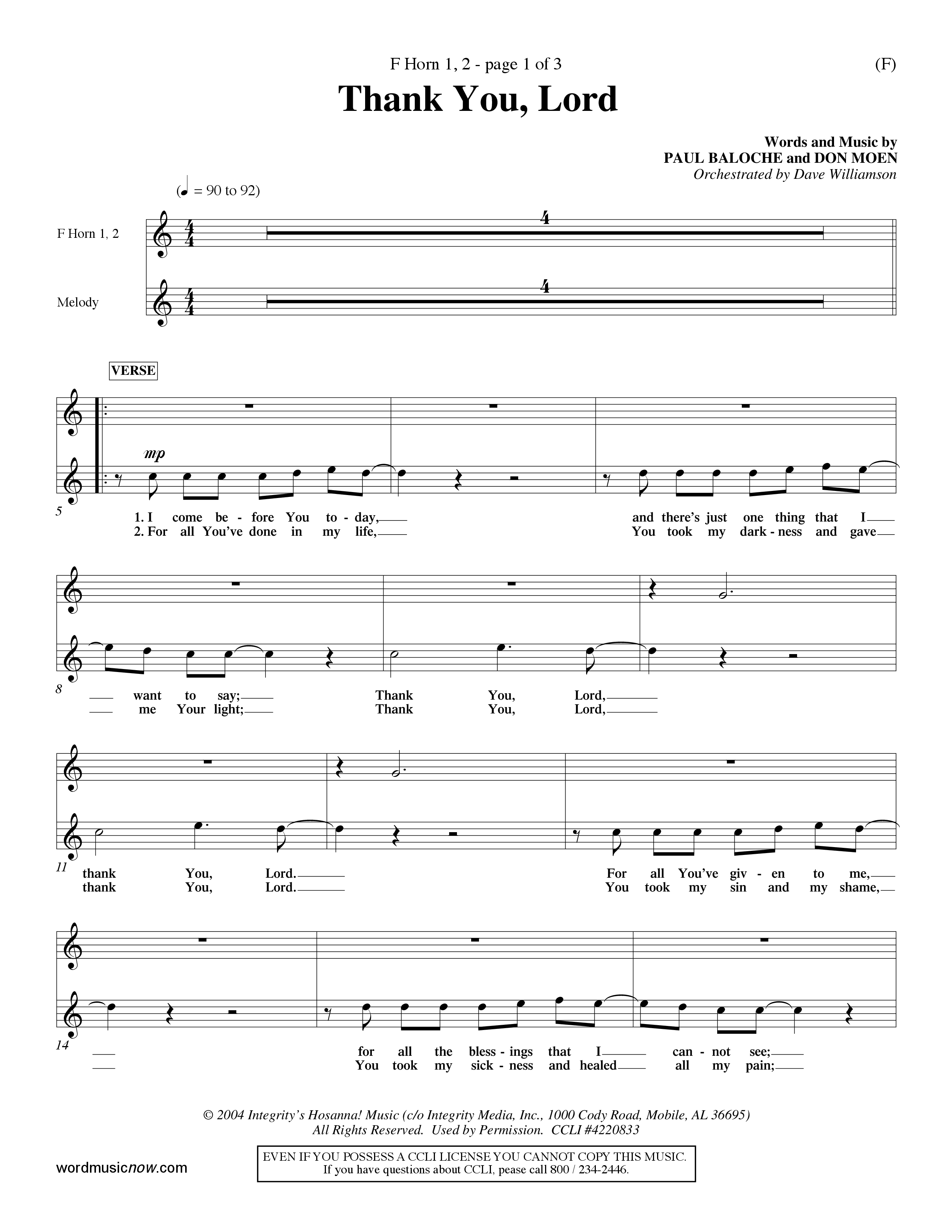 Thank You Lord (Choral Anthem SATB) French Horn (Word Music Choral / Orch. Dave Williamson)