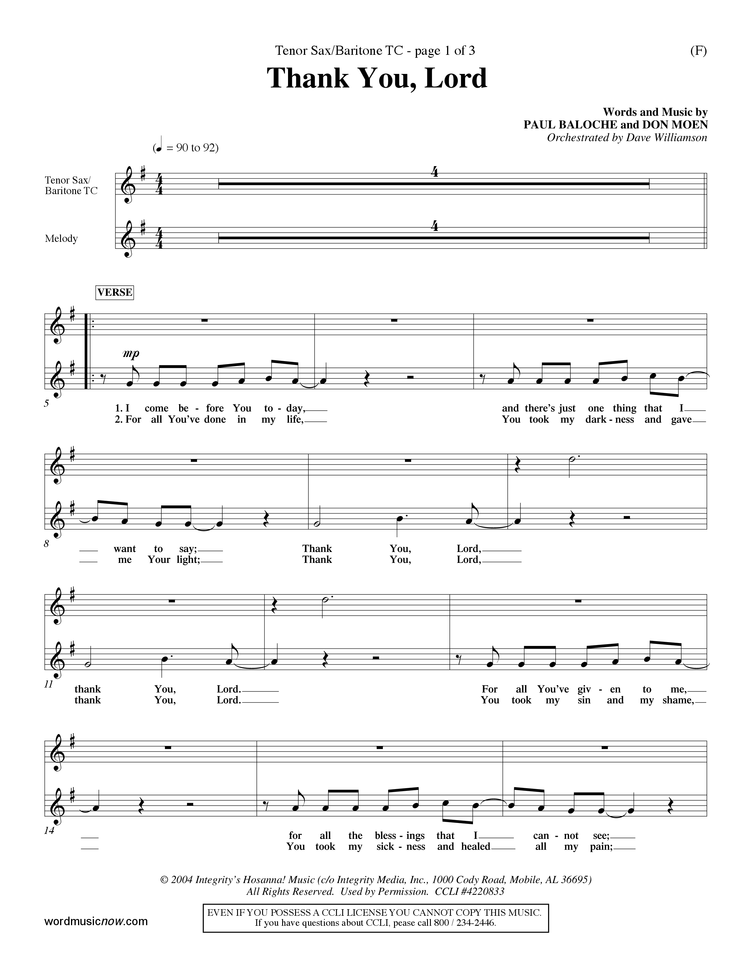 Thank You Lord (Choral Anthem SATB) Tenor Sax/Baritone T.C. (Word Music Choral / Orch. Dave Williamson)
