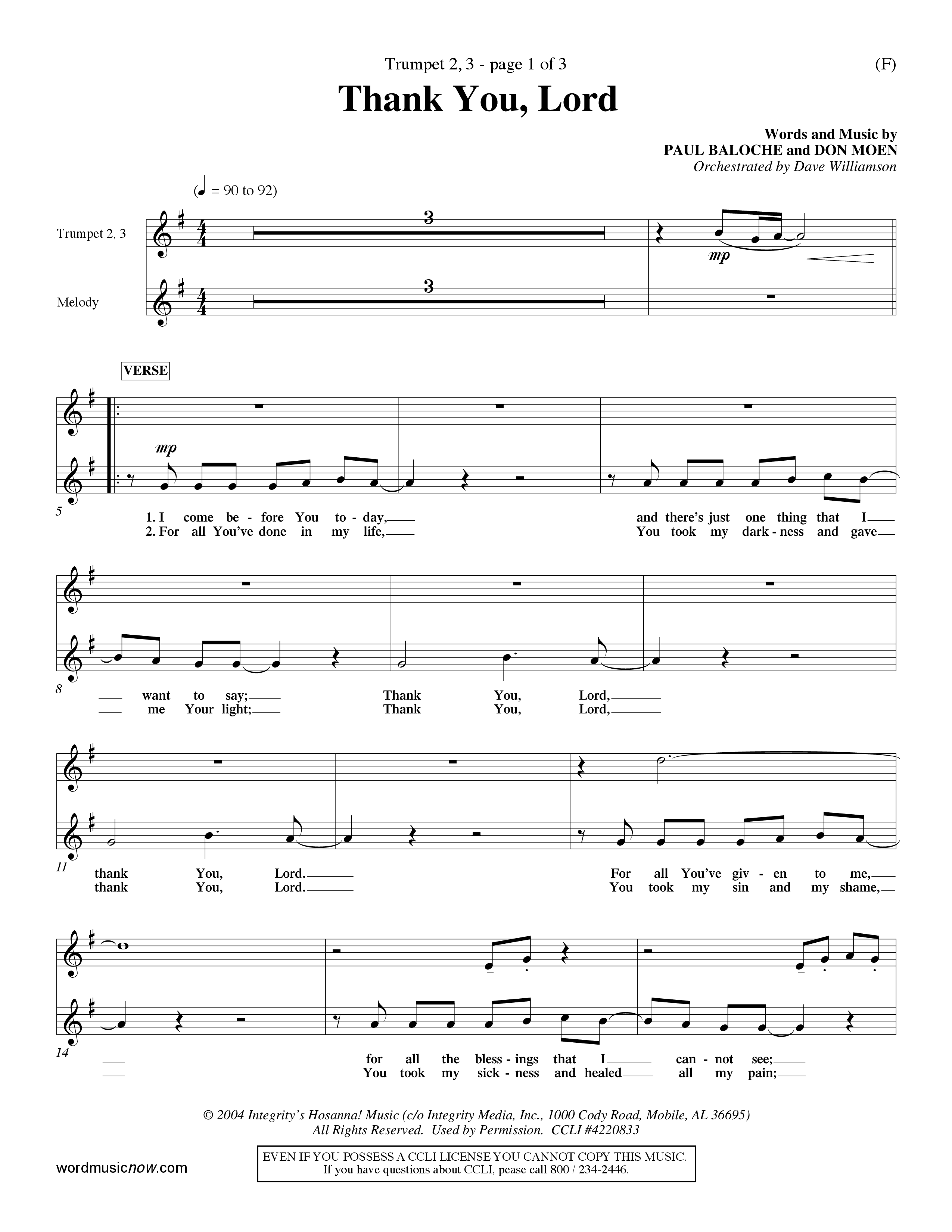 Thank You Lord (Choral Anthem SATB) Trumpet 2/3 (Word Music Choral / Orch. Dave Williamson)
