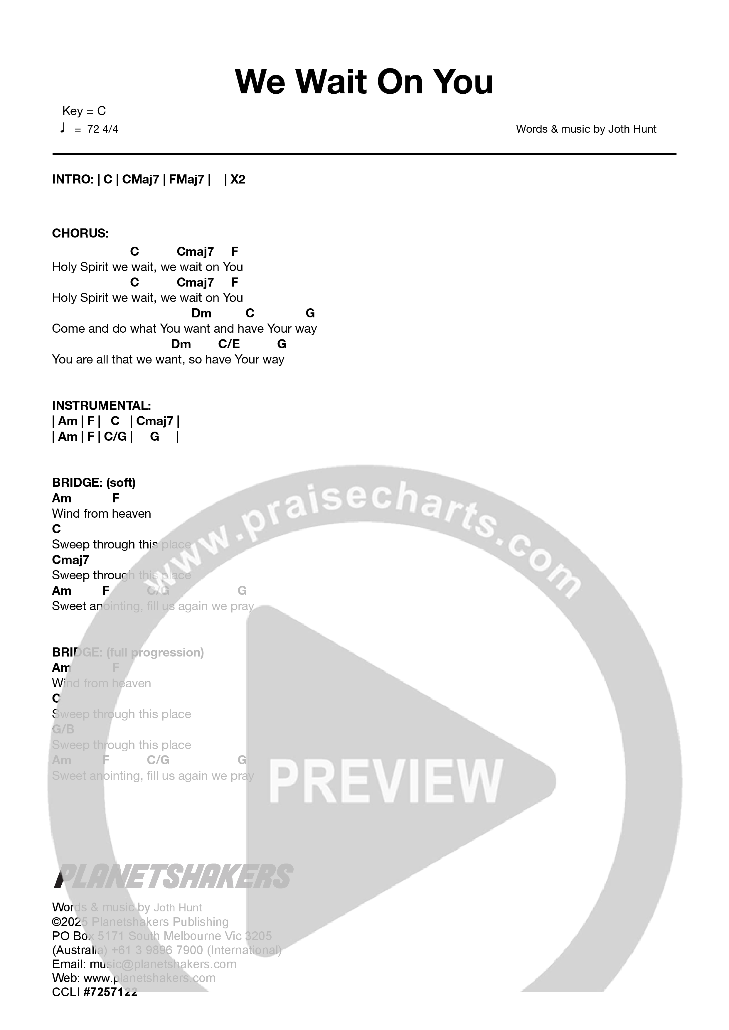 We Wait On You (Live) Chord Chart (Planetshakers)