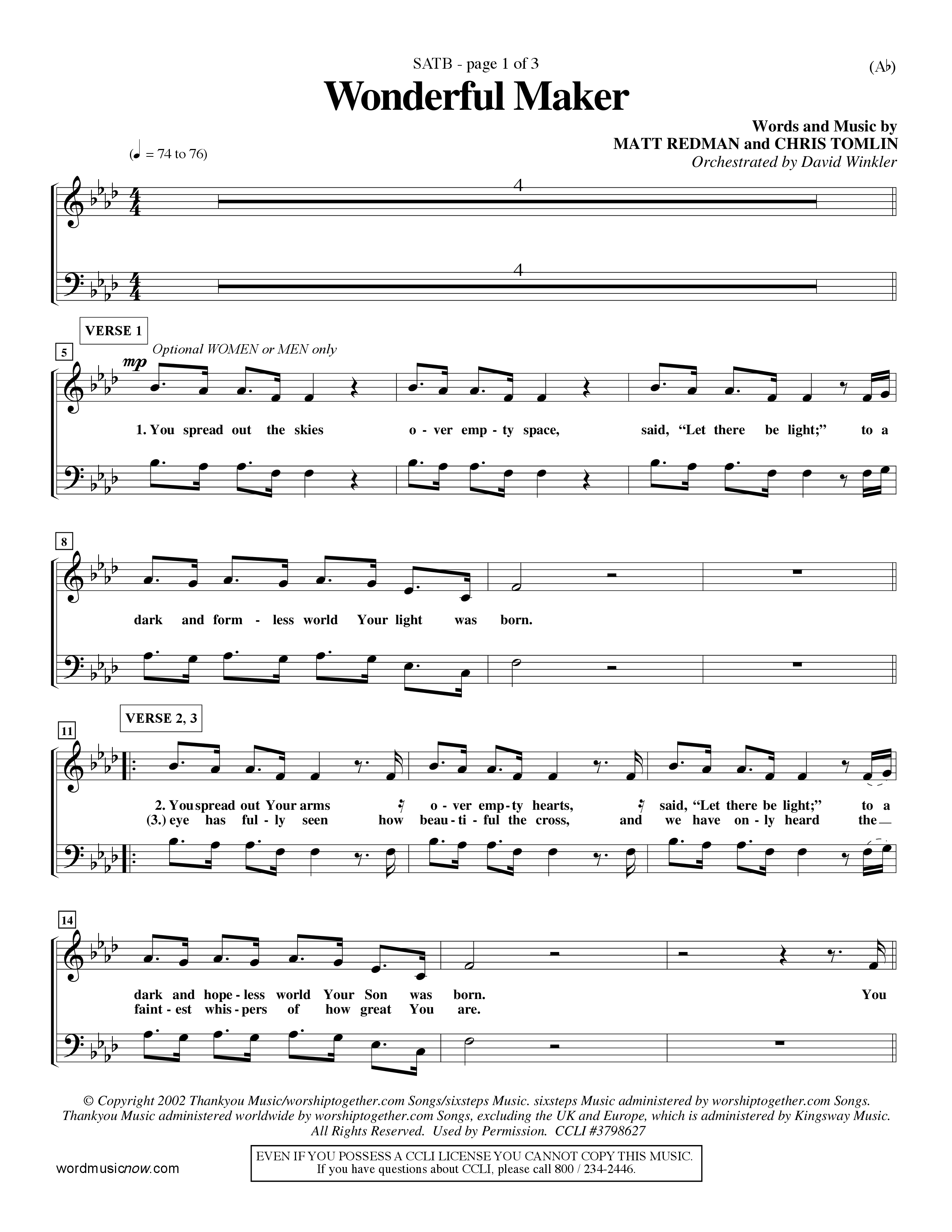 Wonderful Maker (Choral Anthem SATB) Choir Sheet (SATB) (Word Music Choral / Orch. David Winkler)
