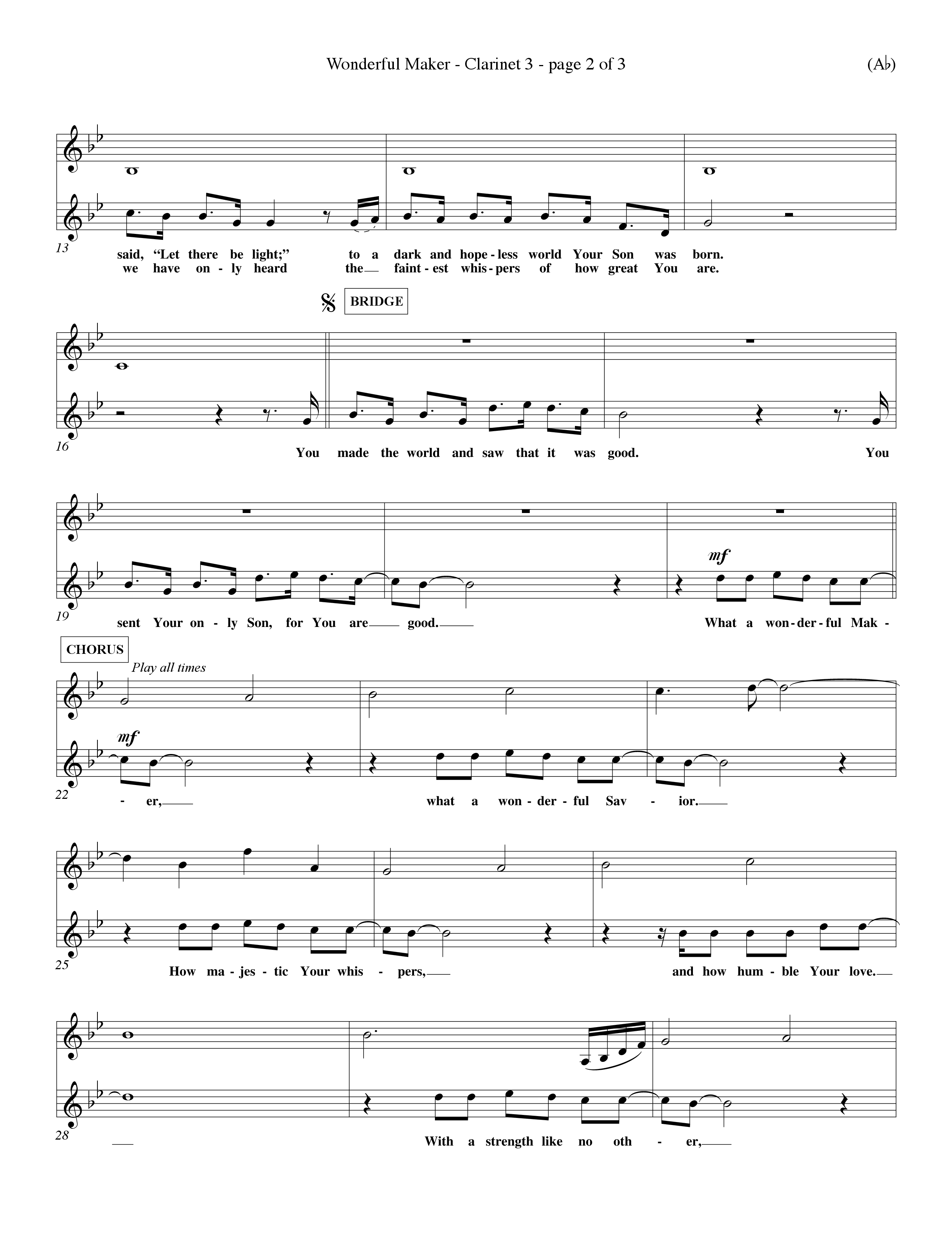 Wonderful Maker (Choral Anthem SATB) Clarinet 3 (Word Music Choral / Orch. David Winkler)