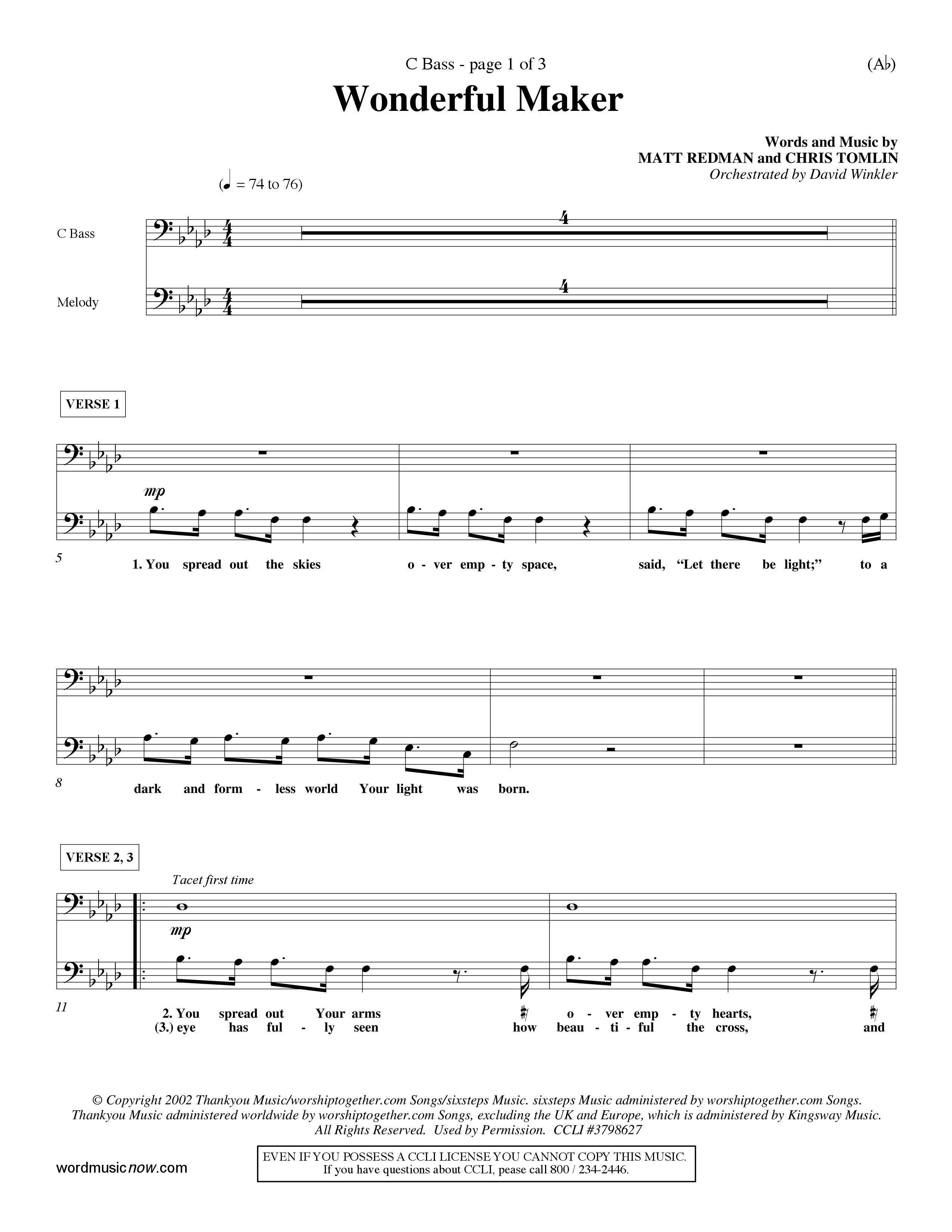 Wonderful Maker (Choral Anthem SATB) Contrabass (Word Music Choral / Orch. David Winkler)