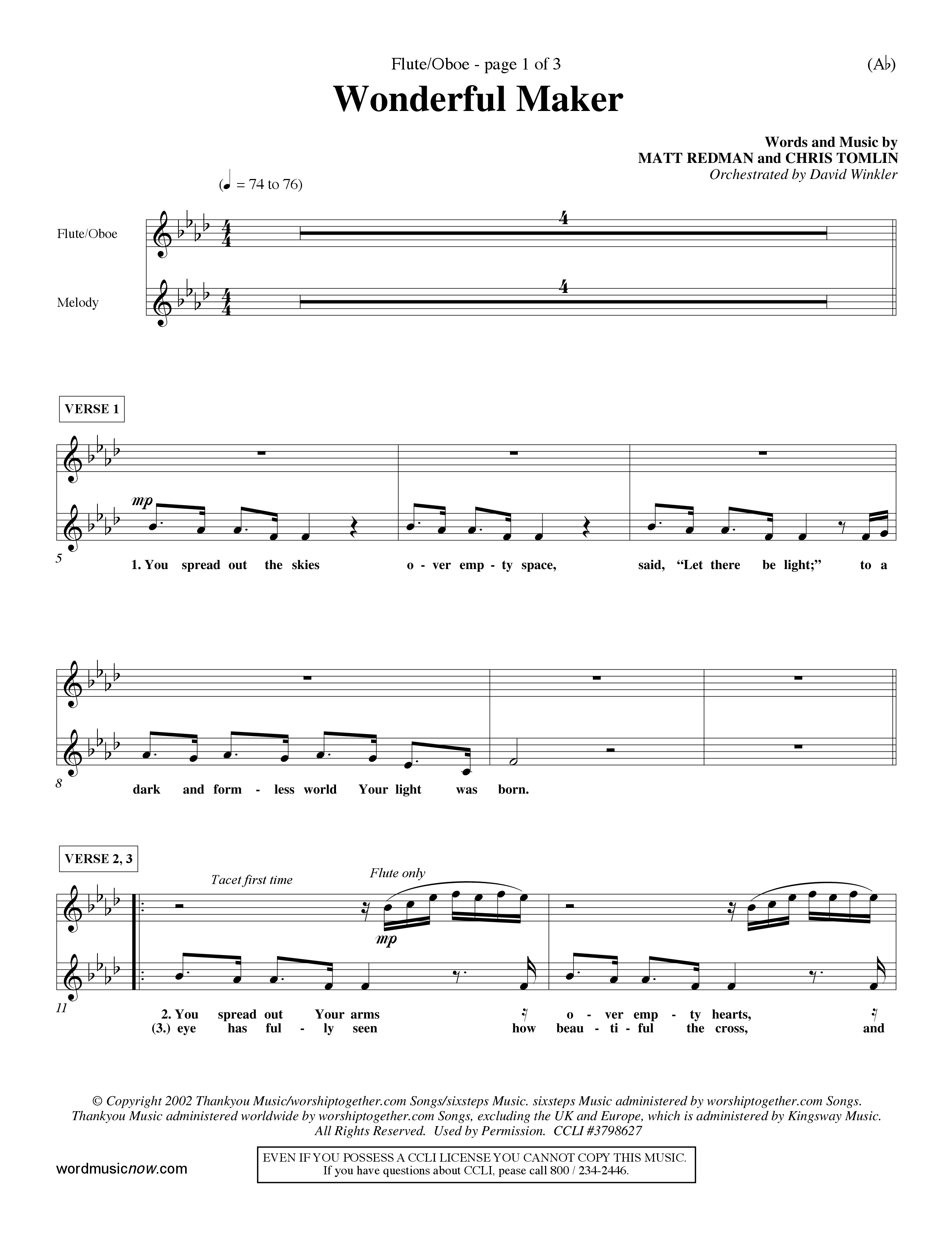 Wonderful Maker (Choral Anthem SATB) Flute/Oboe (Word Music Choral / Orch. David Winkler)