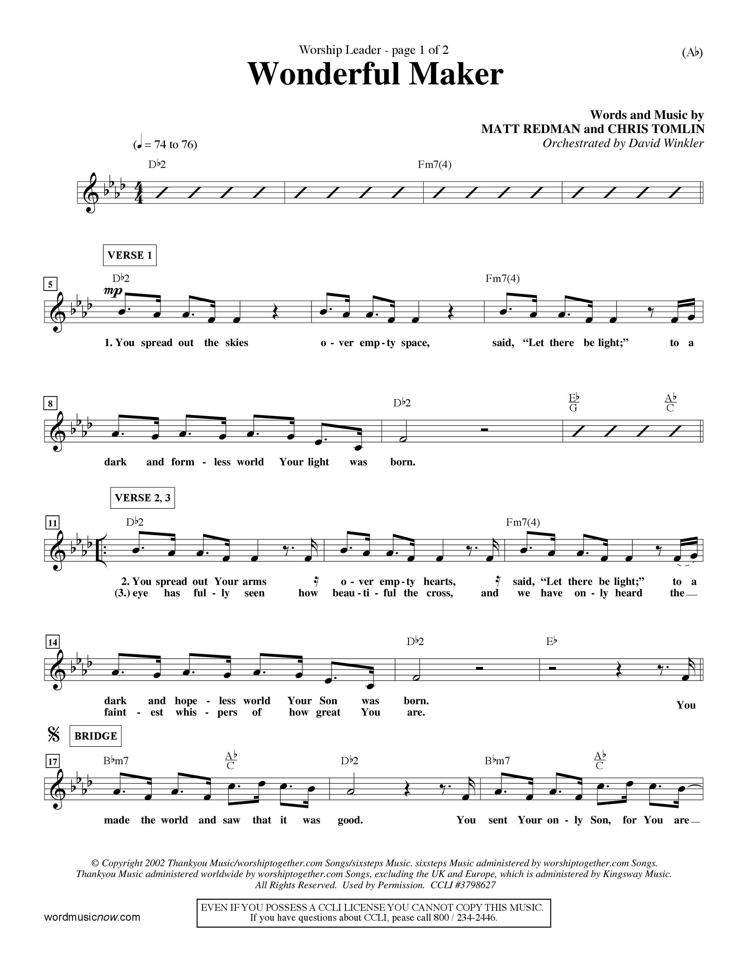 Wonderful Maker (Choral Anthem SATB) Lead Sheet (Mel) (Word Music Choral / Orch. David Winkler)
