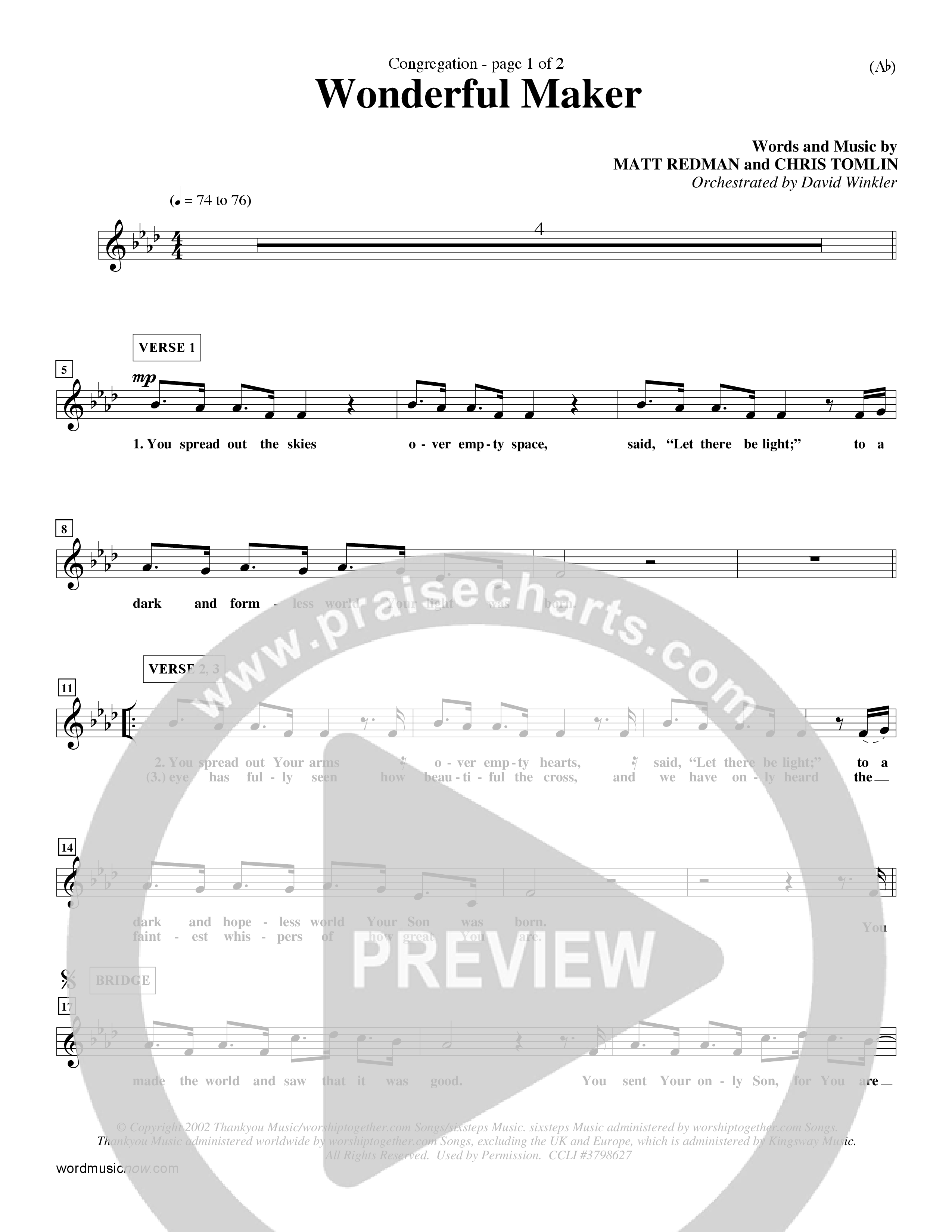 Wonderful Maker (Choral Anthem SATB) Lead Sheet (Mel) (Word Music Choral / Orch. David Winkler)