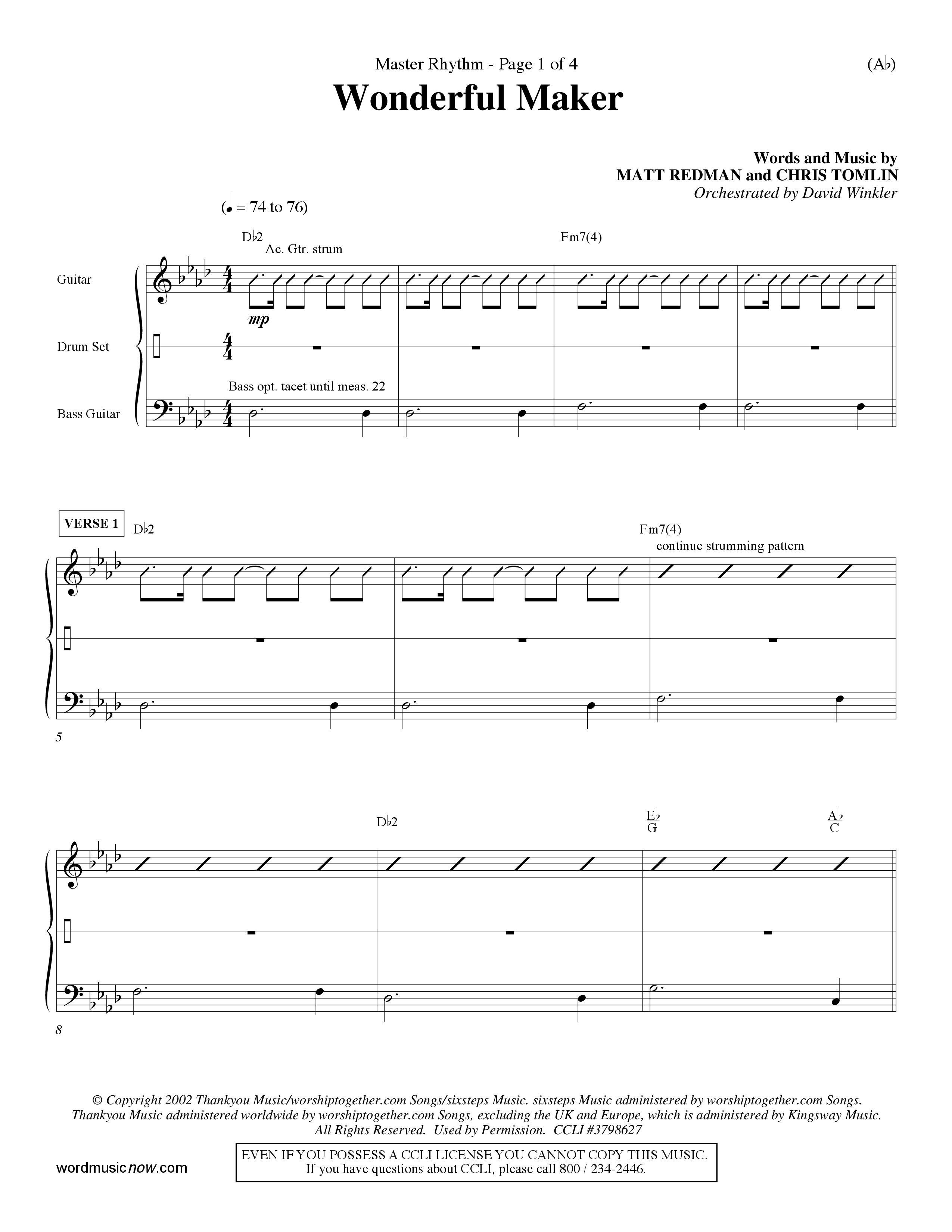 Wonderful Maker (Choral Anthem SATB) Rhythm Chart (Word Music Choral / Orch. David Winkler)