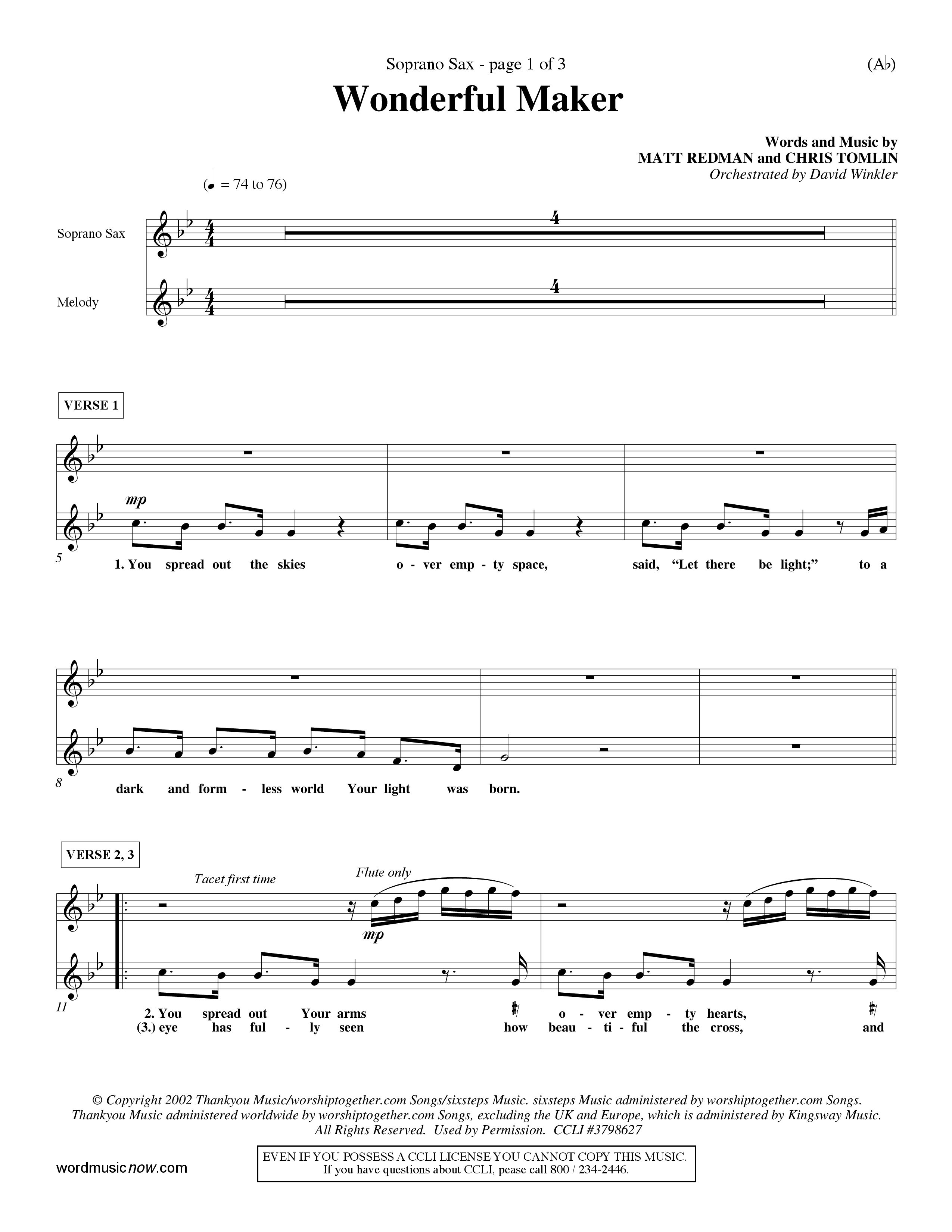 Wonderful Maker (Choral Anthem SATB) Saxophone (Word Music Choral / Orch. David Winkler)