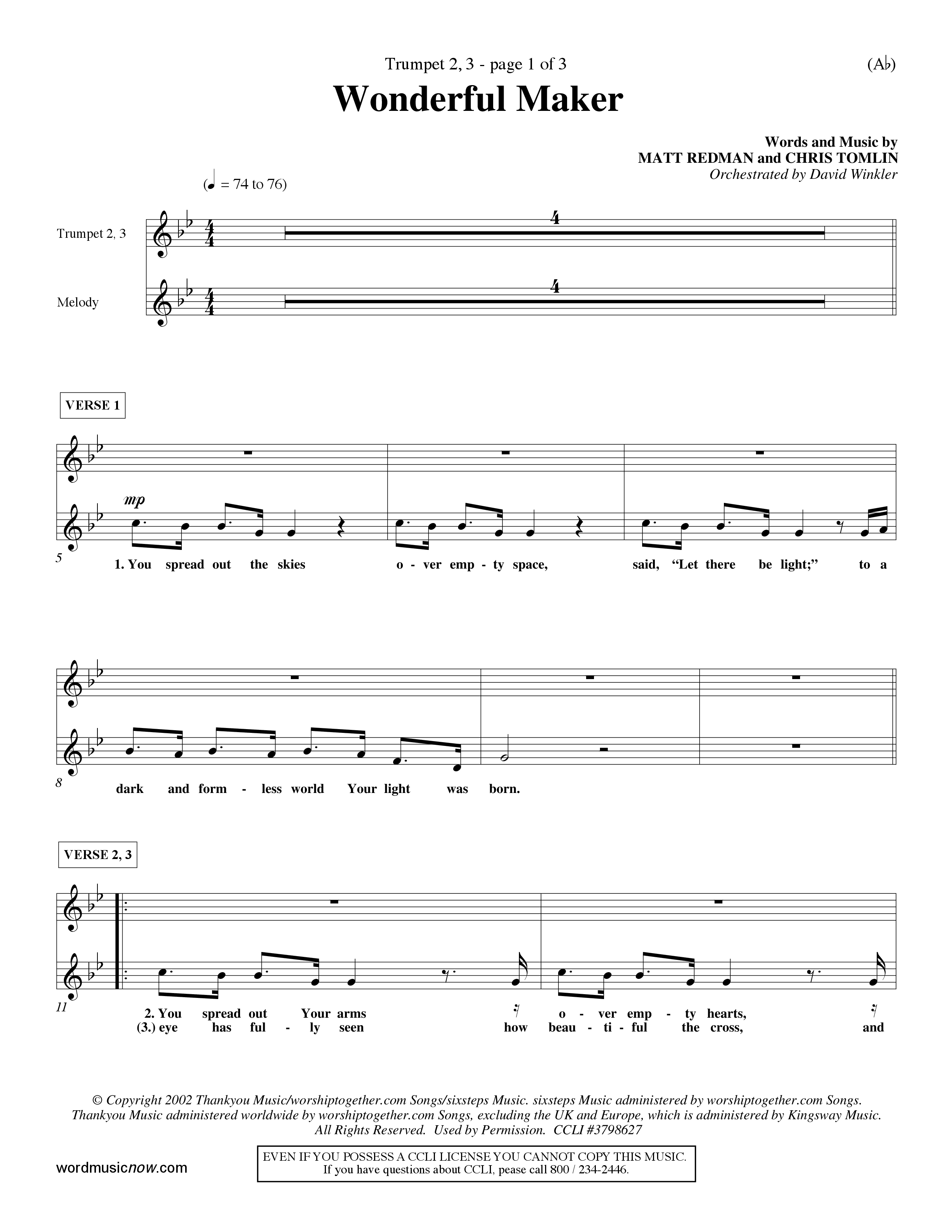 Wonderful Maker (Choral Anthem SATB) Trumpet 2/3 (Word Music Choral / Orch. David Winkler)