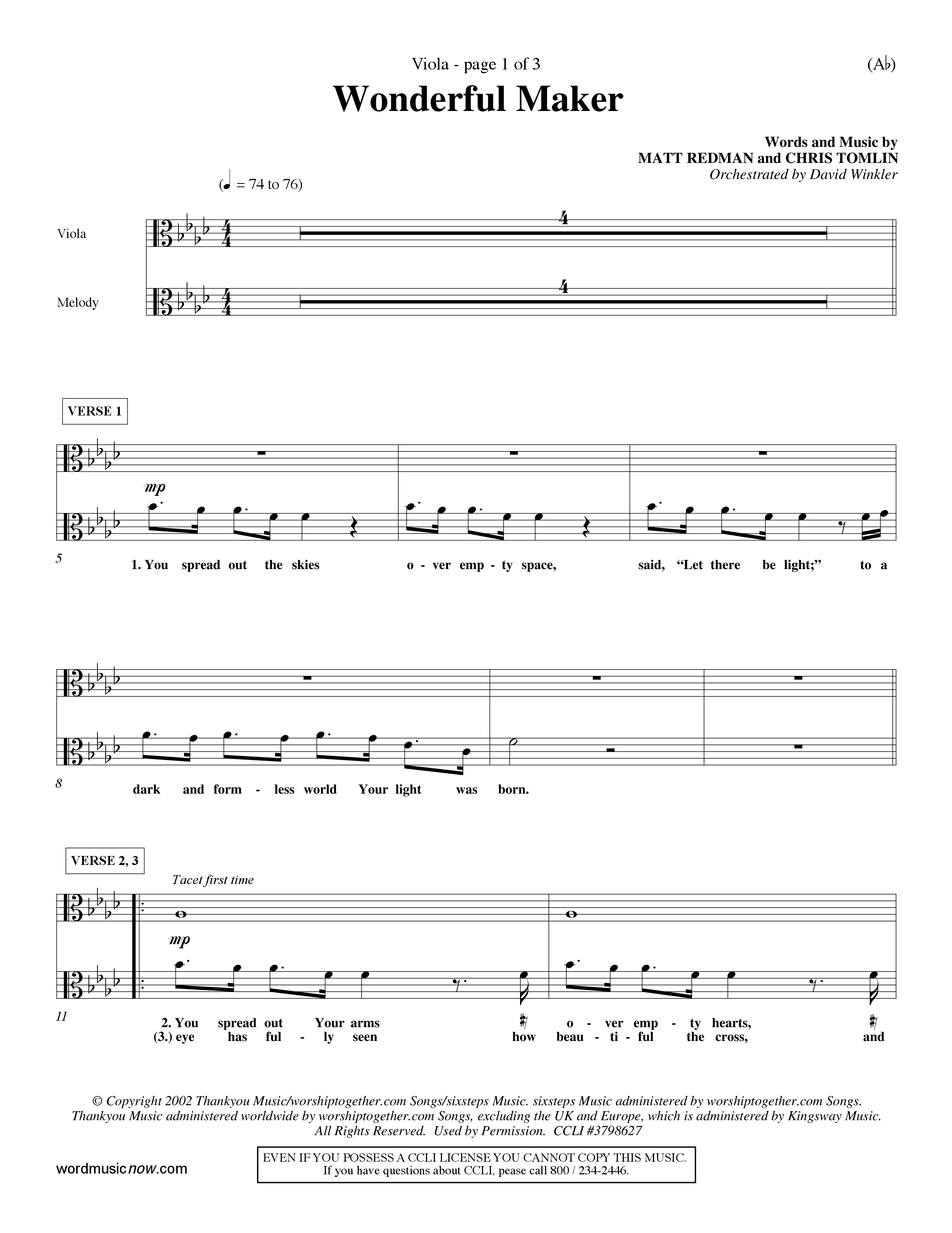 Wonderful Maker (Choral Anthem SATB) Viola (Word Music Choral / Orch. David Winkler)