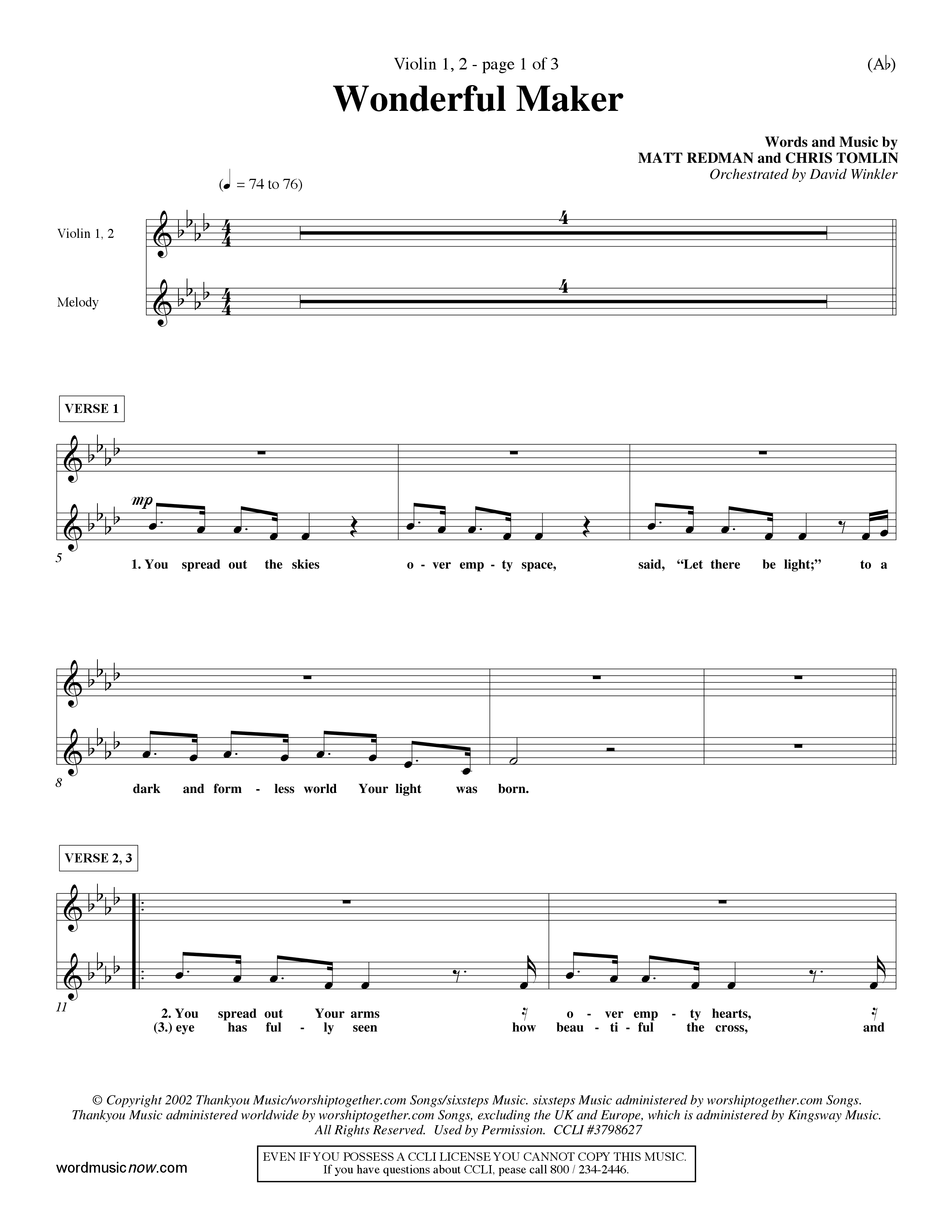 Wonderful Maker (Choral Anthem SATB) Violin 1/2 (Word Music Choral / Orch. David Winkler)