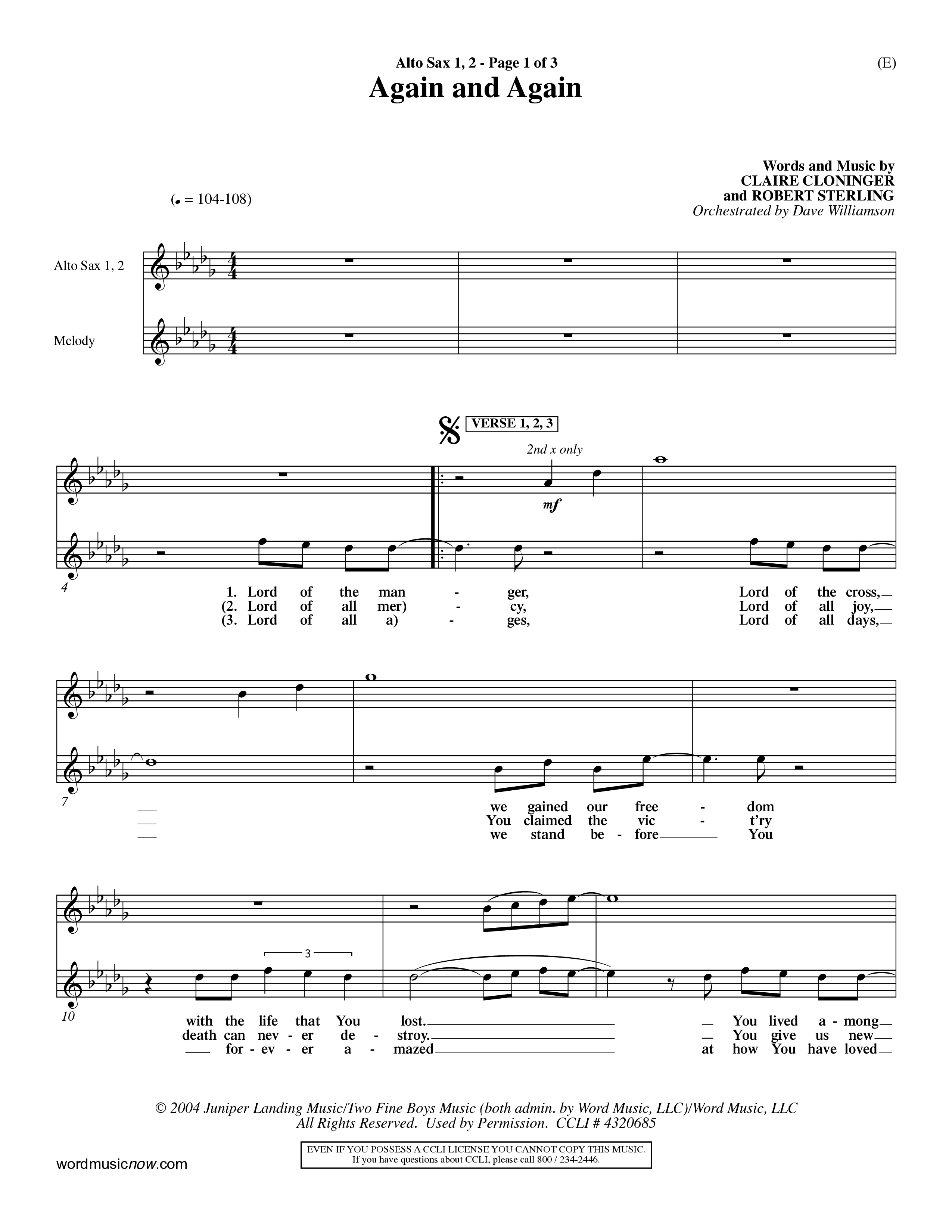 Again And Again (Choral Anthem SATB) Alto Sax 1/2 (Word Music Choral / Orch. Dave Williamson)