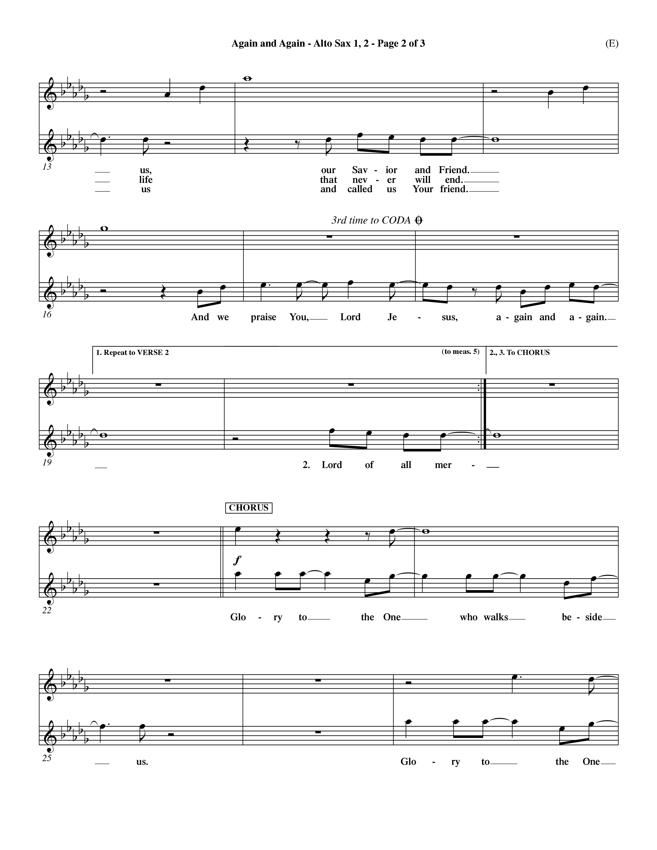 Again And Again (Choral Anthem SATB) Alto Sax 1/2 (Word Music Choral / Orch. Dave Williamson)