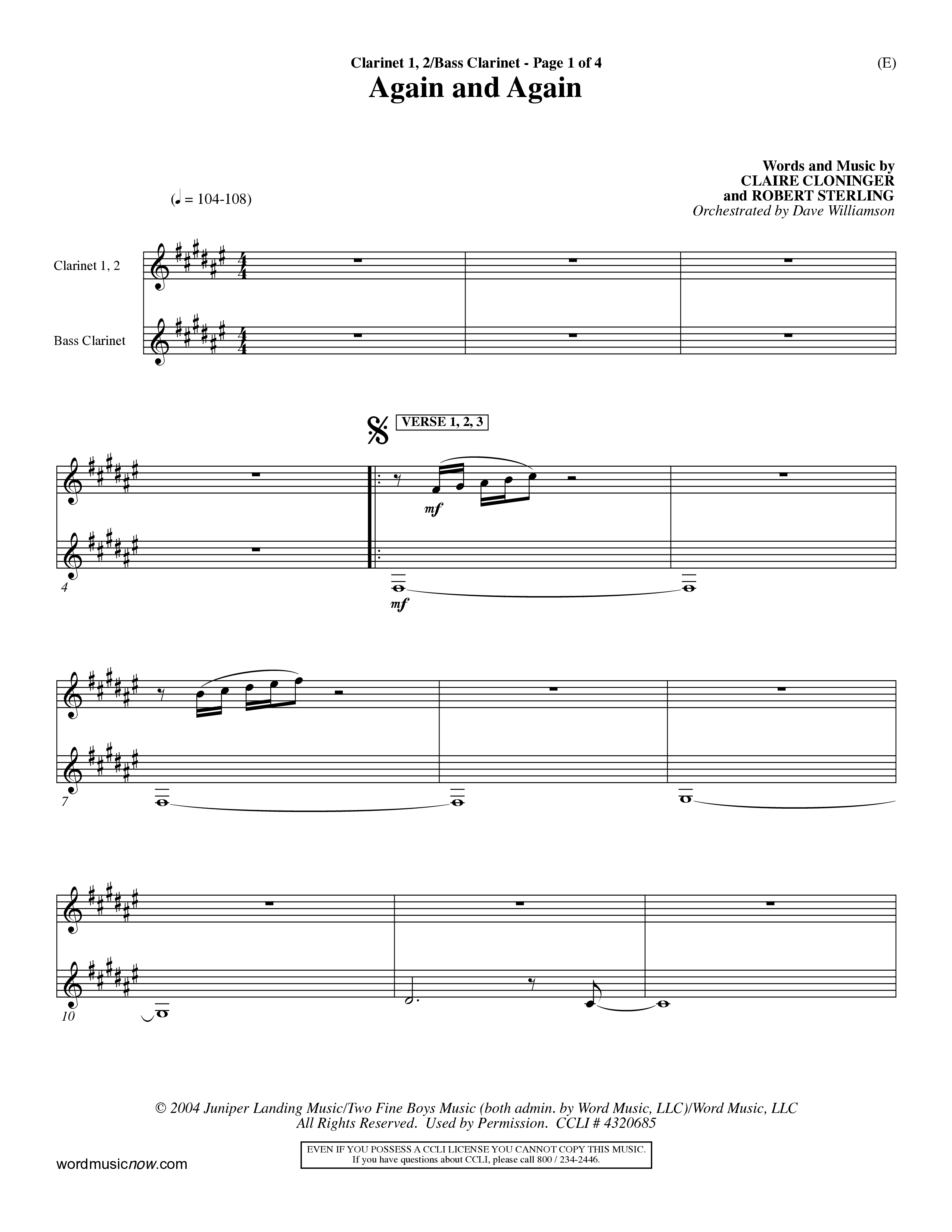 Again And Again (Choral Anthem SATB) Clarinet 1/2, Bass Clarinet (Word Music Choral / Orch. Dave Williamson)