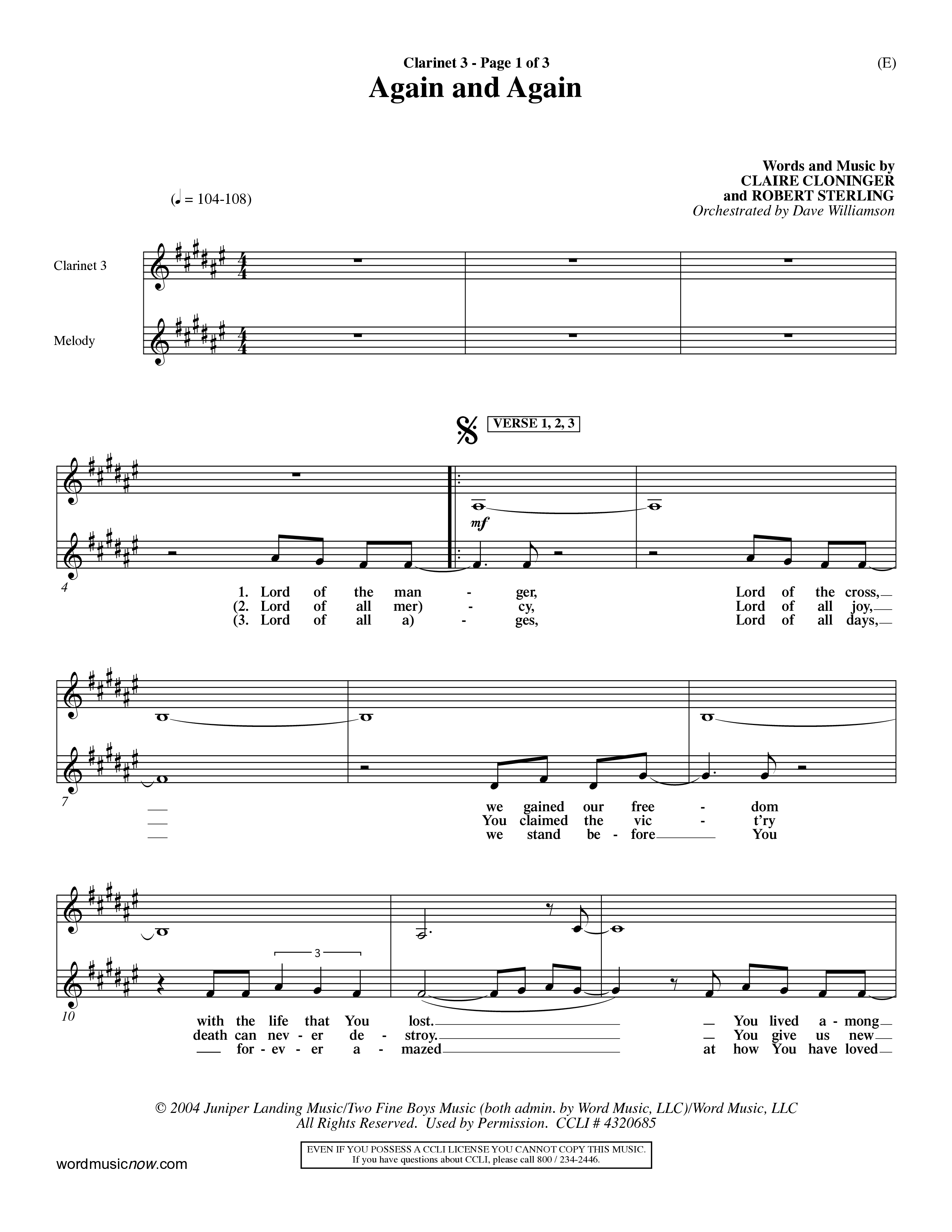 Again And Again (Choral Anthem SATB) Clarinet 3 (Word Music Choral / Orch. Dave Williamson)