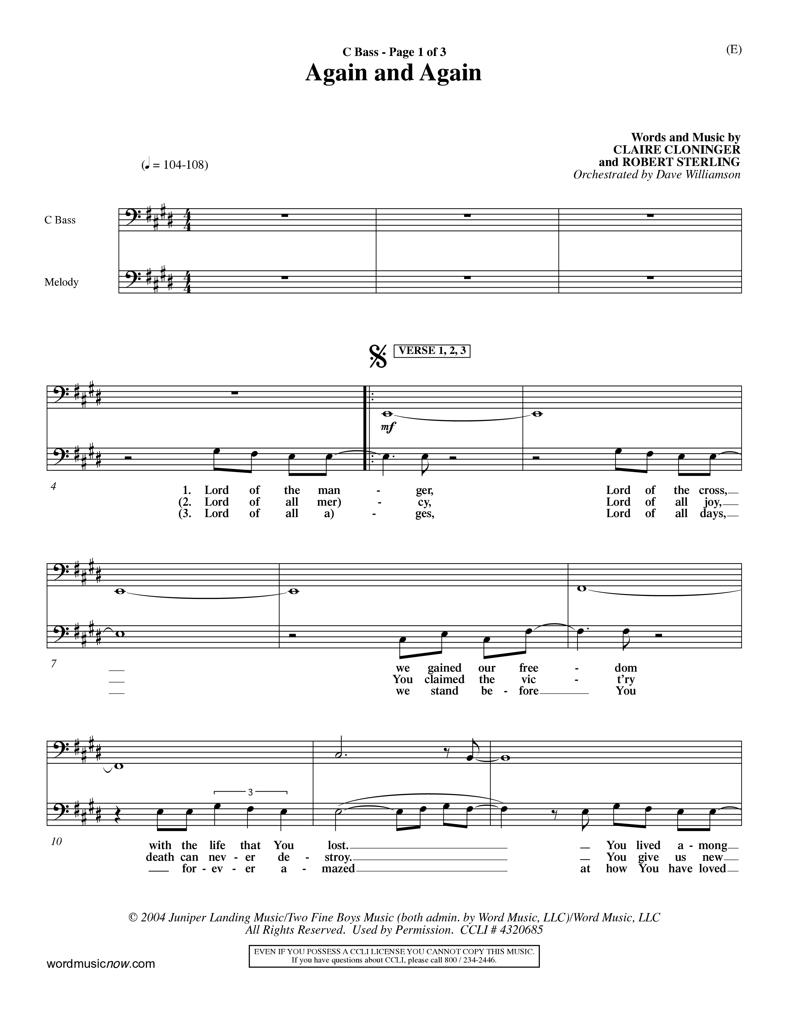 Again And Again (Choral Anthem SATB) Contrabass (Word Music Choral / Orch. Dave Williamson)