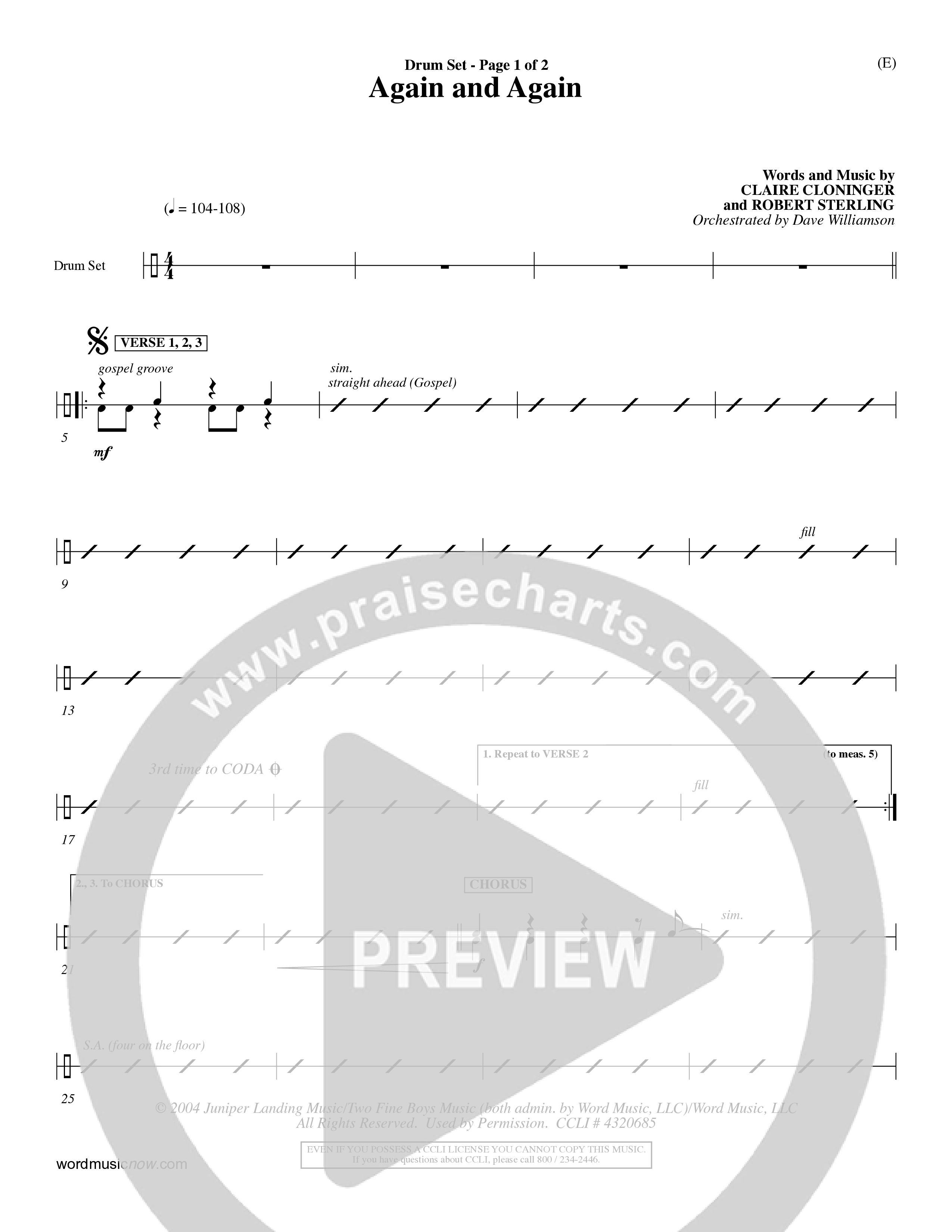 Again And Again (Choral Anthem SATB) Drum Set (Word Music Choral / Orch. Dave Williamson)