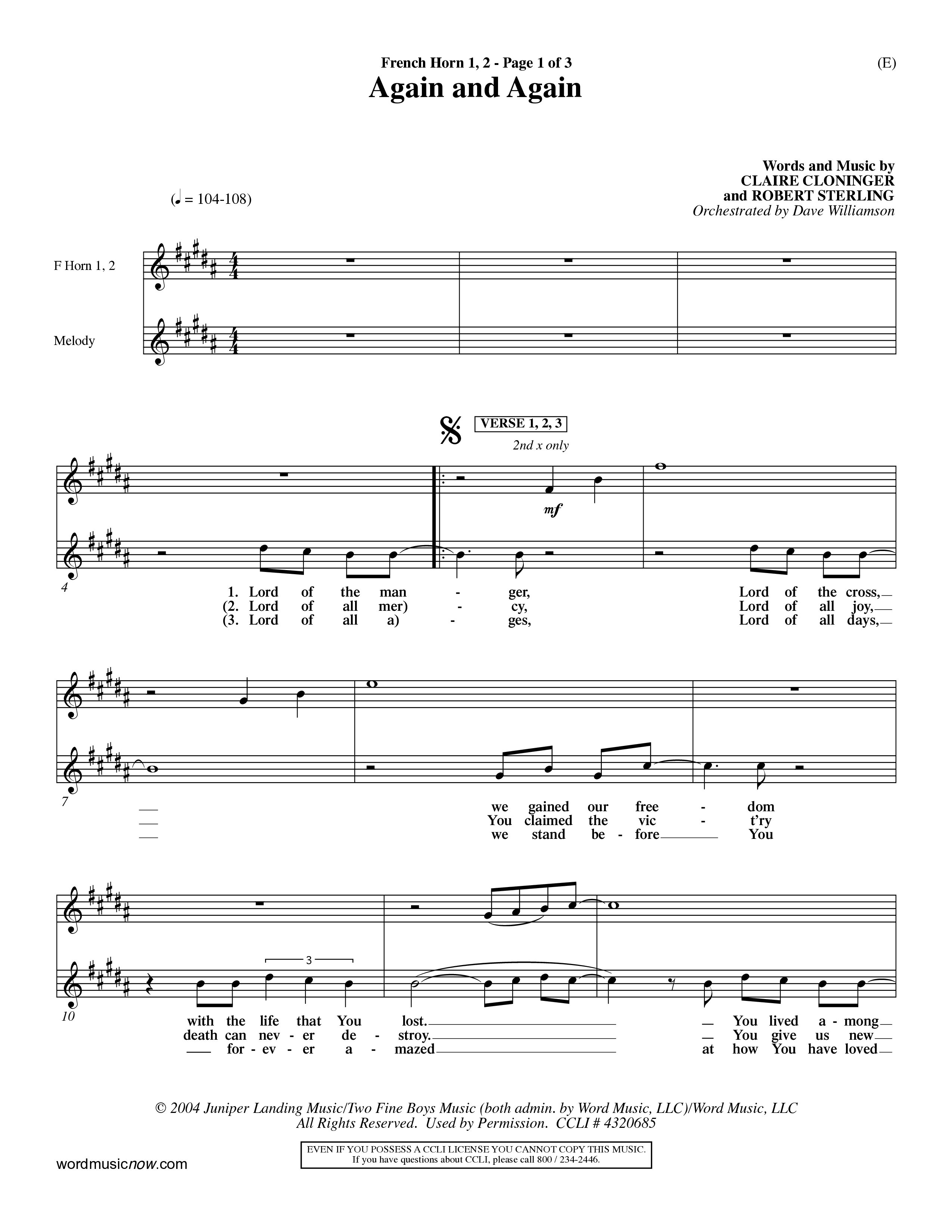 Again And Again (Choral Anthem SATB) French Horn (Word Music Choral / Orch. Dave Williamson)