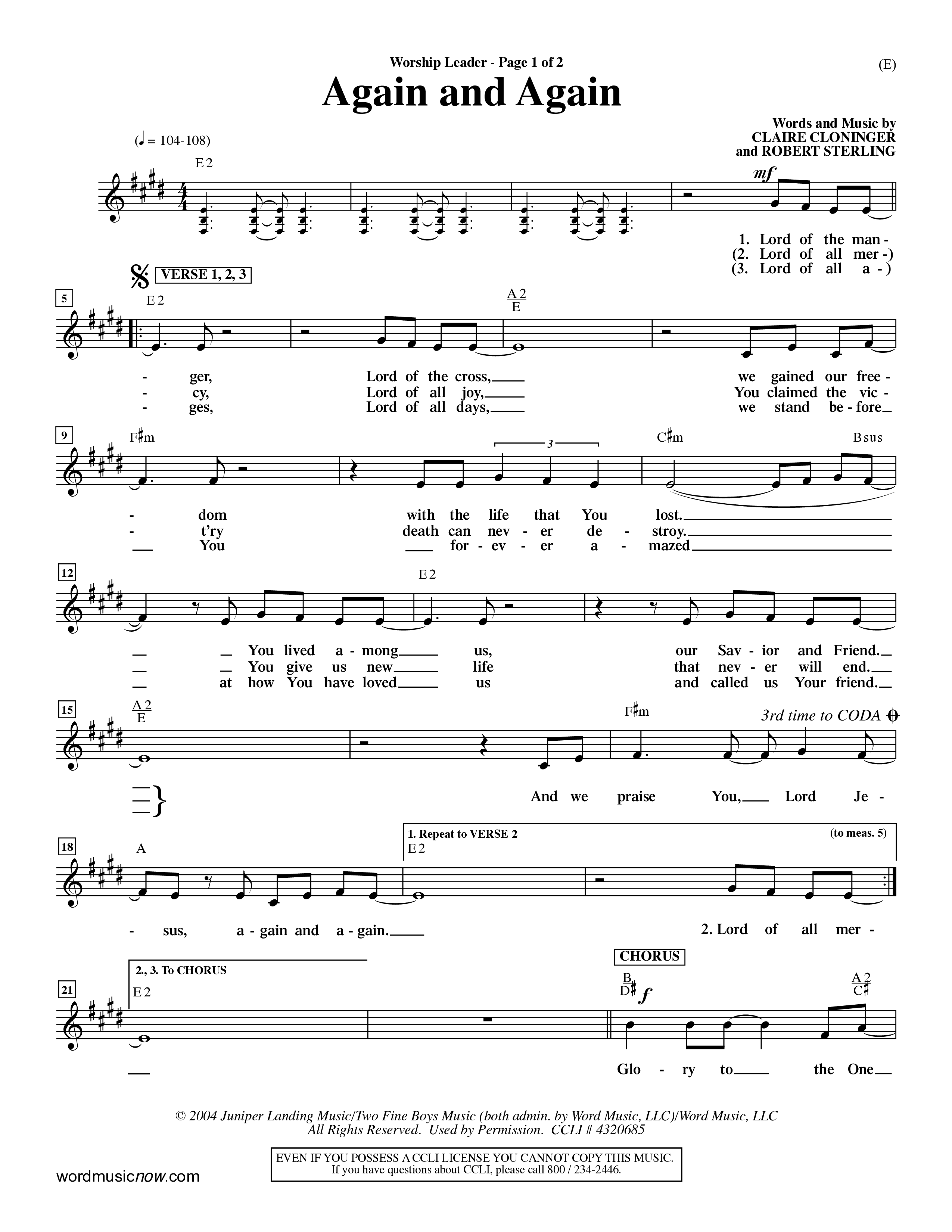 Again And Again (Choral Anthem SATB) Lead Sheet (Mel) (Word Music Choral / Orch. Dave Williamson)