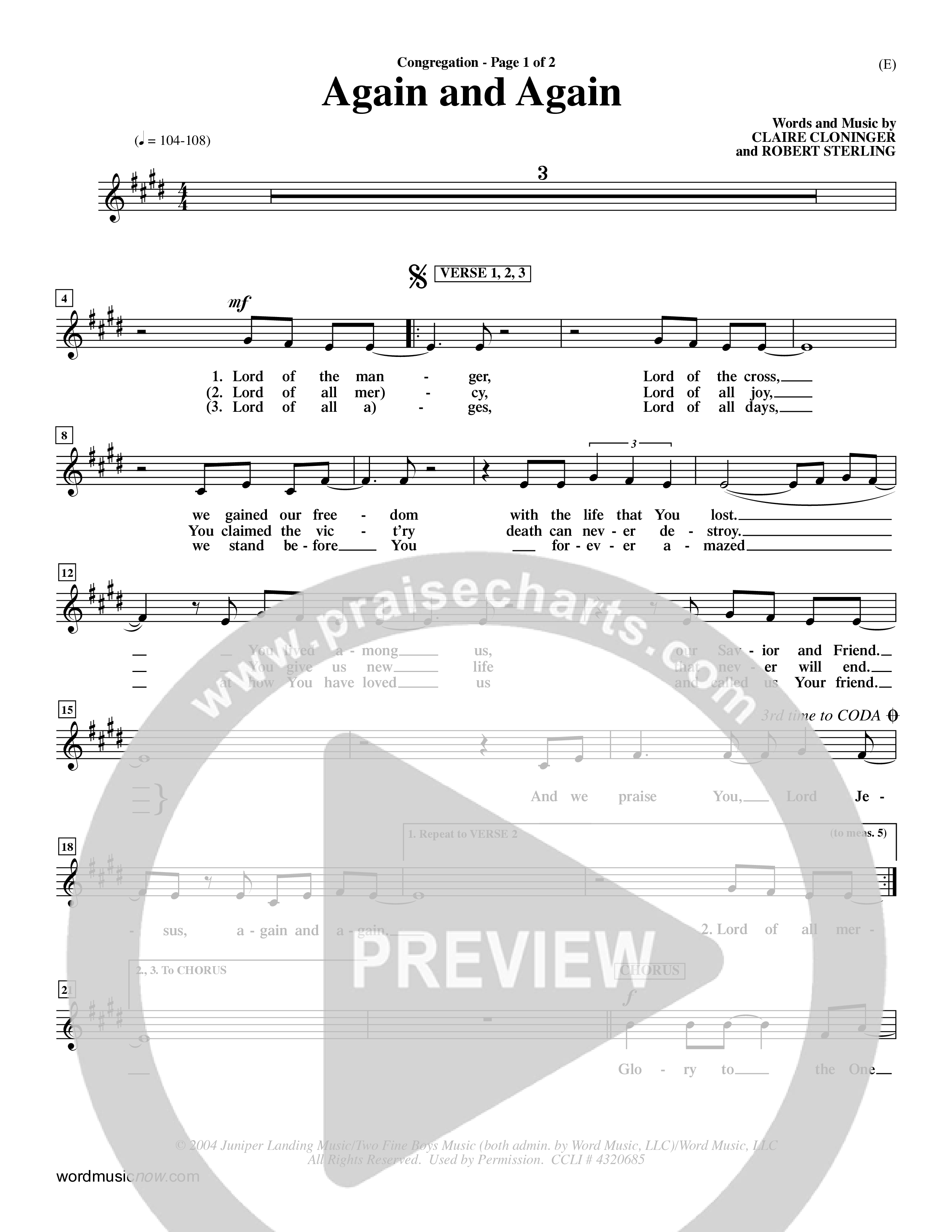 Again And Again (Choral Anthem SATB) Lead Sheet (Mel) (Word Music Choral / Orch. Dave Williamson)