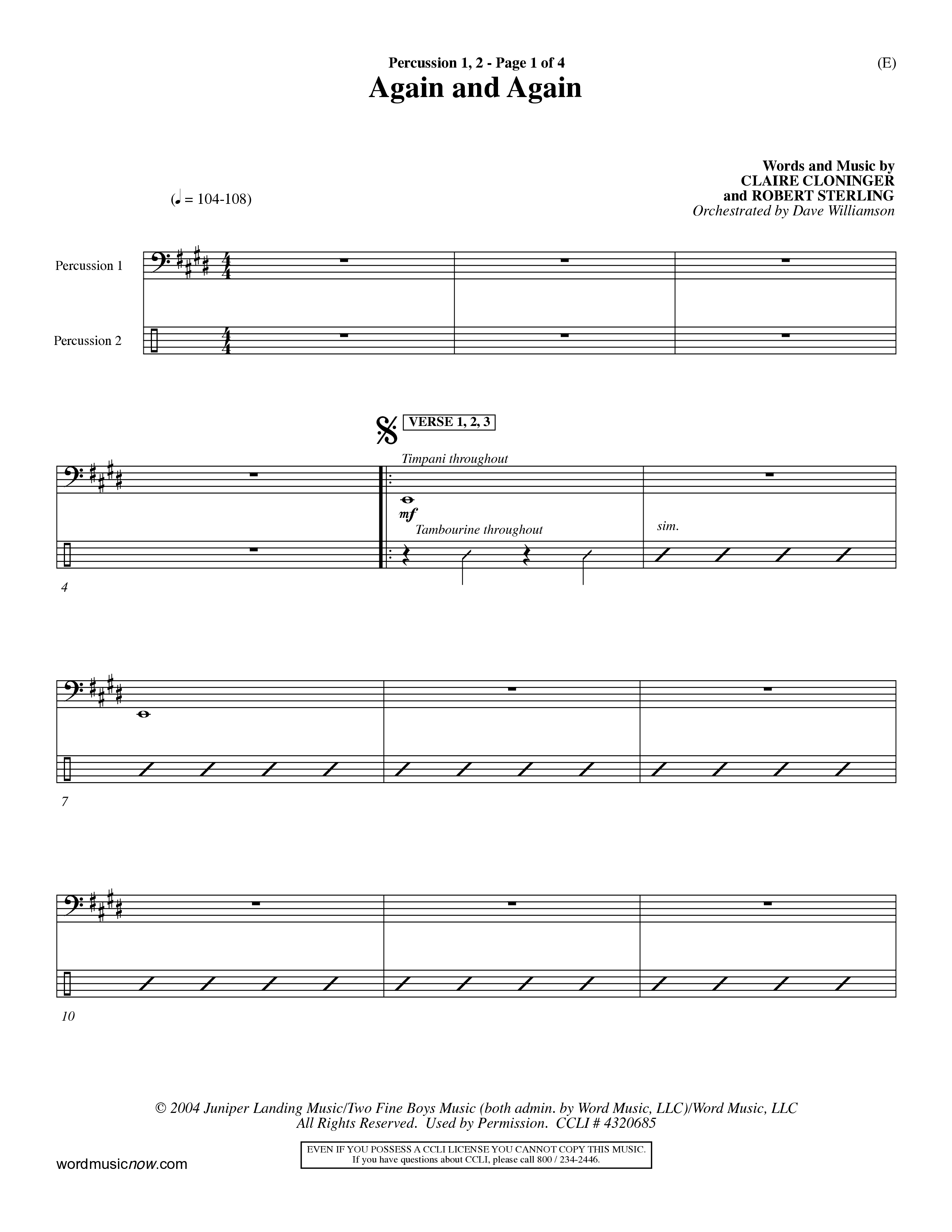 Again And Again (Choral Anthem SATB) Percussion 1/2 (Word Music Choral / Orch. Dave Williamson)