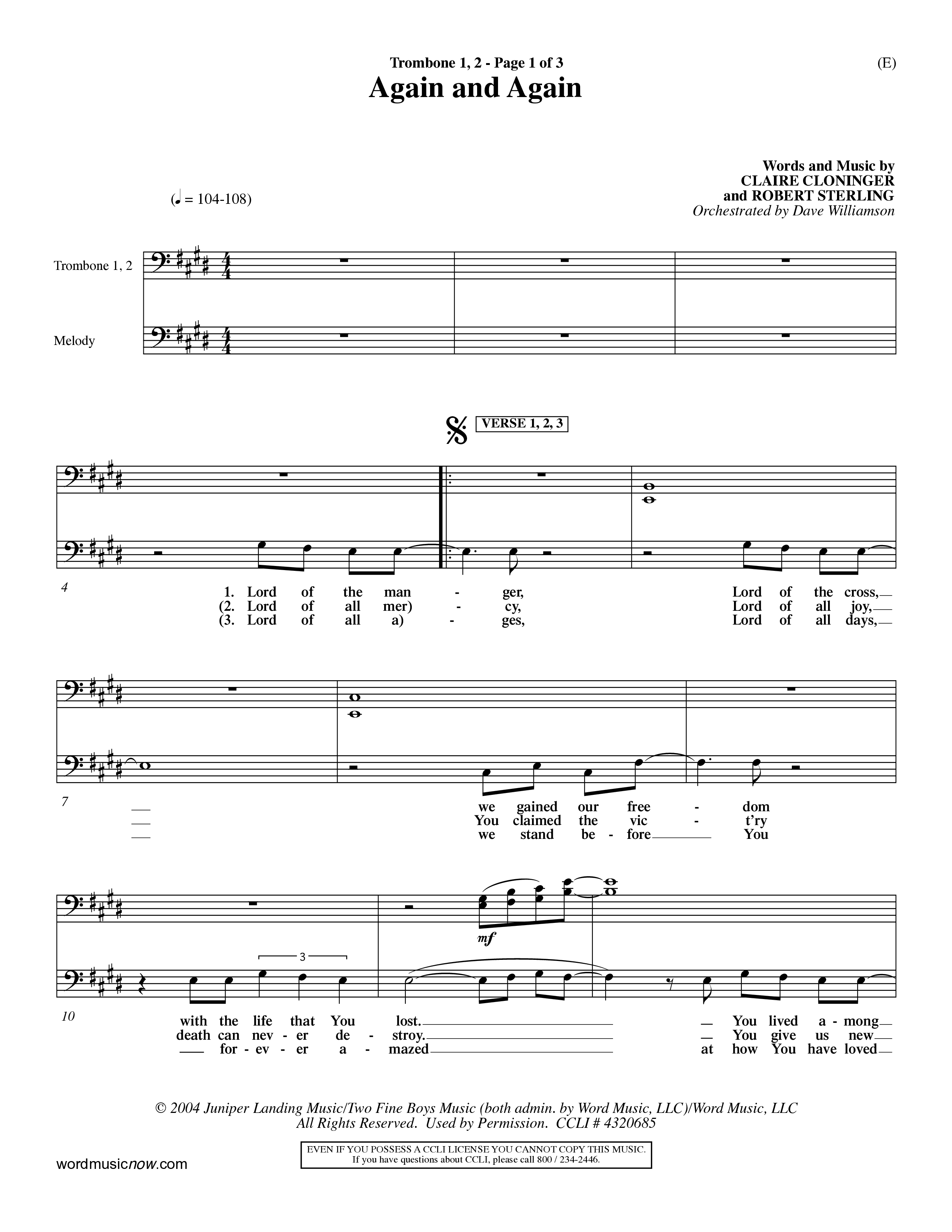 Again And Again (Choral Anthem SATB) Trombone 1/2 (Word Music Choral / Orch. Dave Williamson)