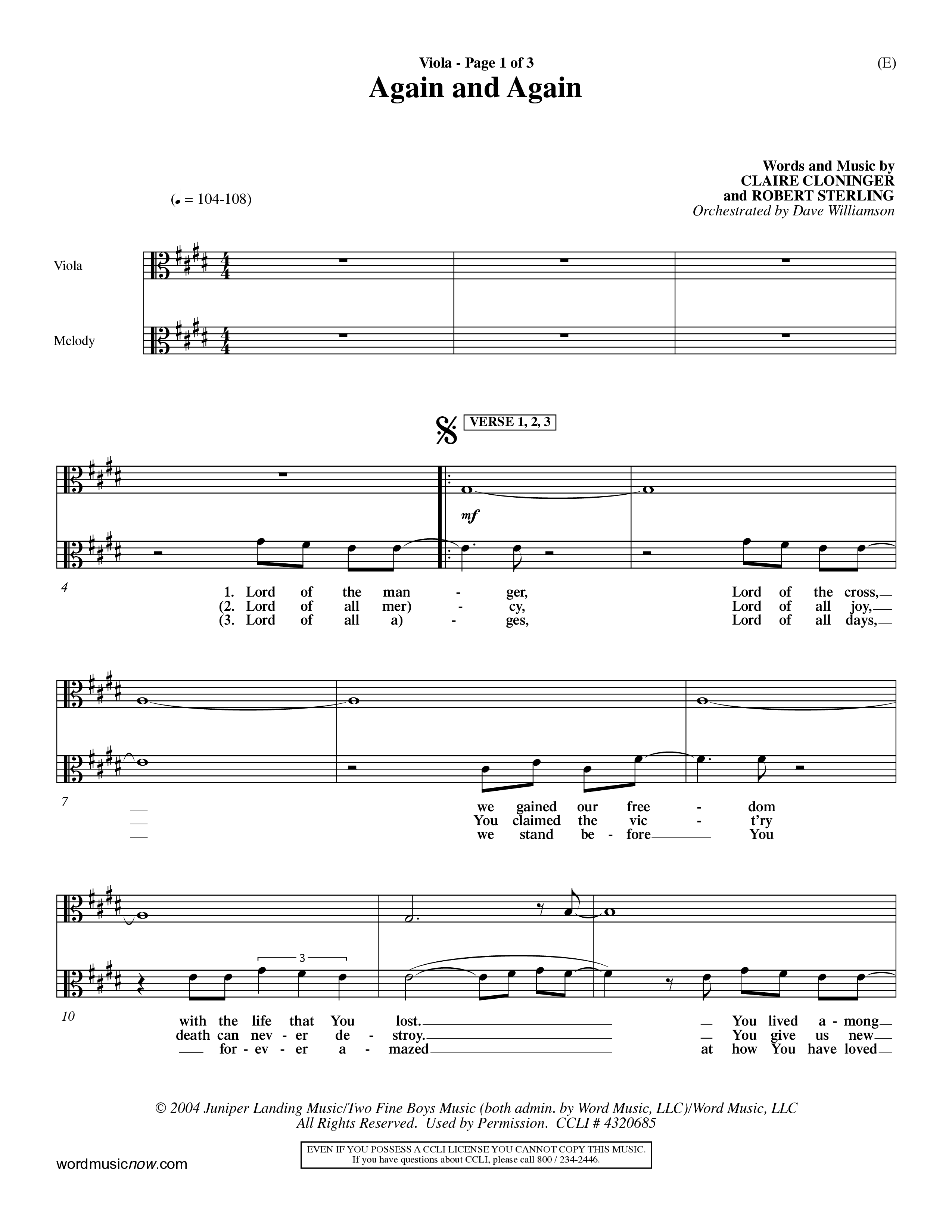 Again And Again (Choral Anthem SATB) Viola (Word Music Choral / Orch. Dave Williamson)