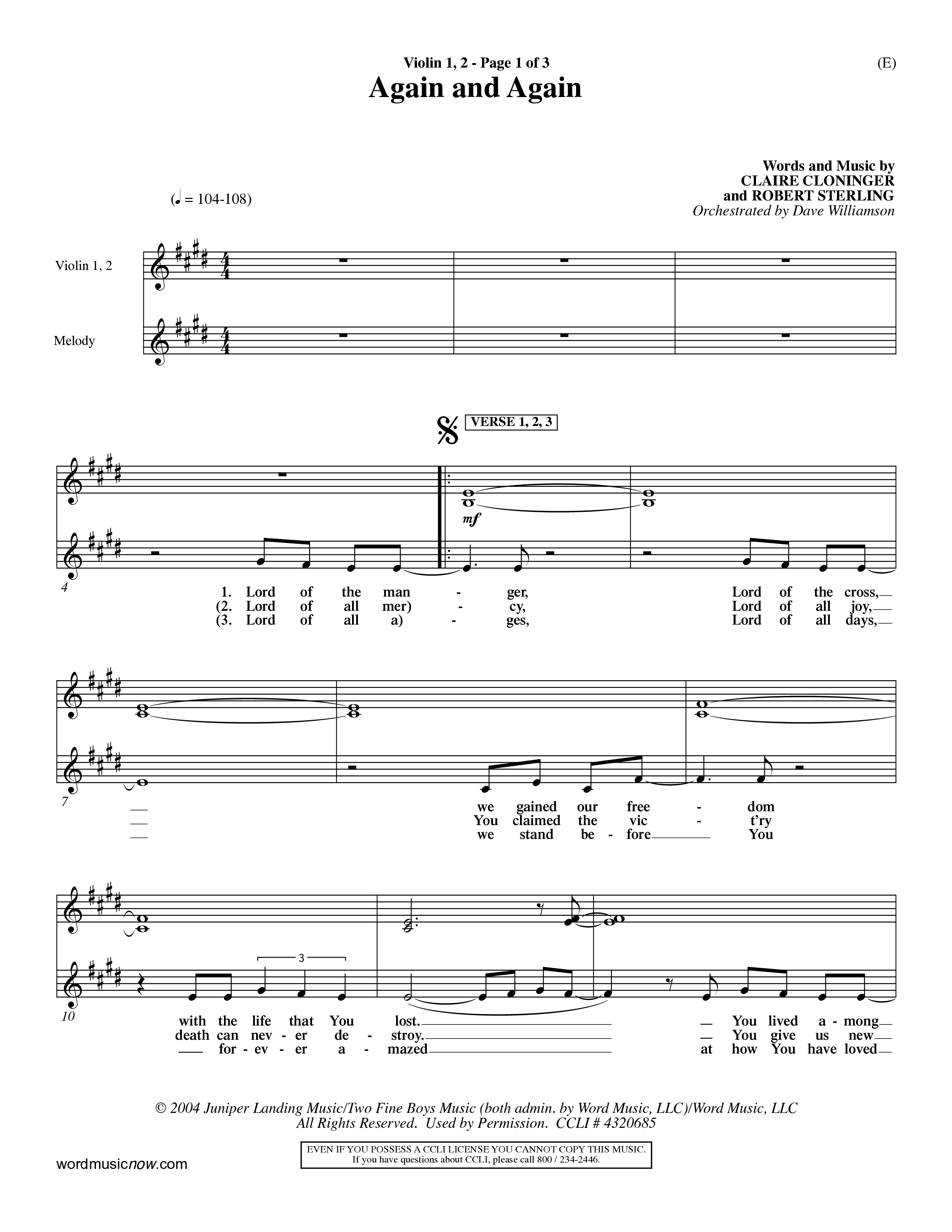 Again And Again (Choral Anthem SATB) Violin 1/2 (Word Music Choral / Orch. Dave Williamson)