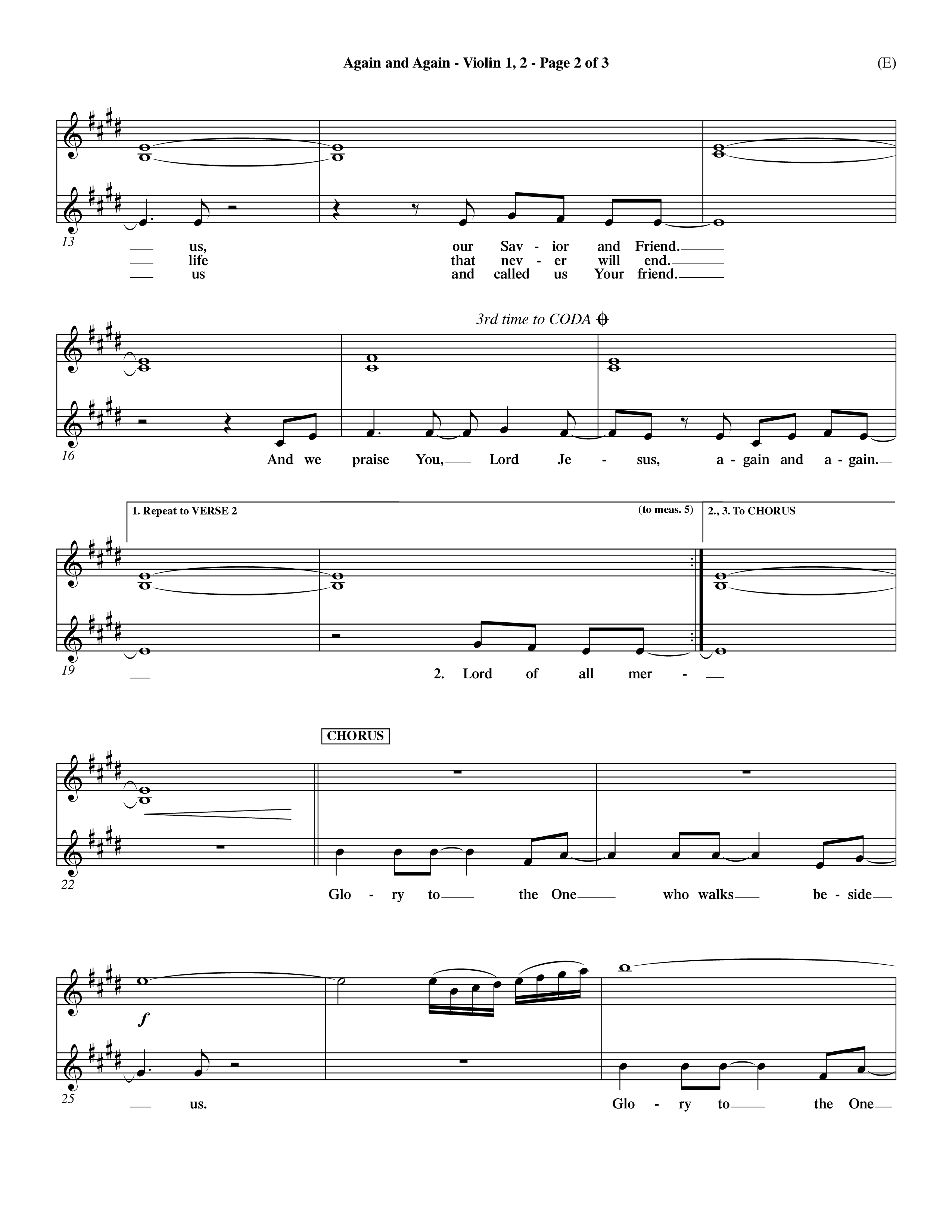 Again And Again (Choral Anthem SATB) Violin 1/2 (Word Music Choral / Orch. Dave Williamson)
