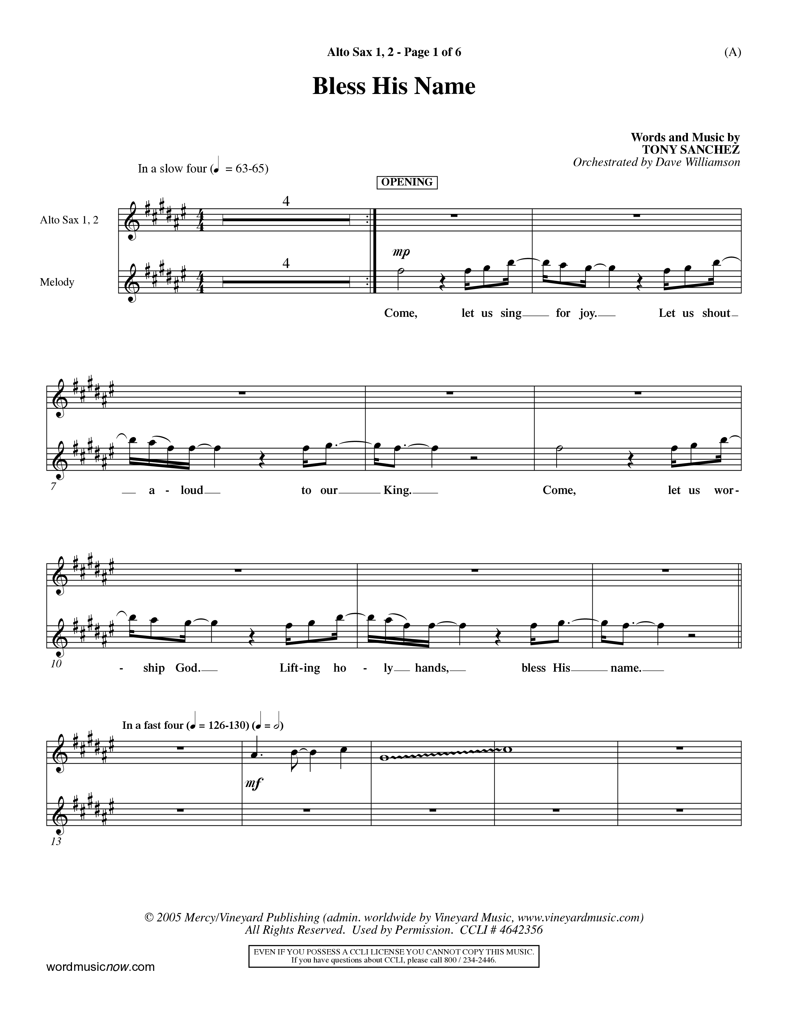 Bless His Name (Choral Anthem SATB) Alto Sax 1/2 (Word Music Choral / Orch. Dave Williamson)