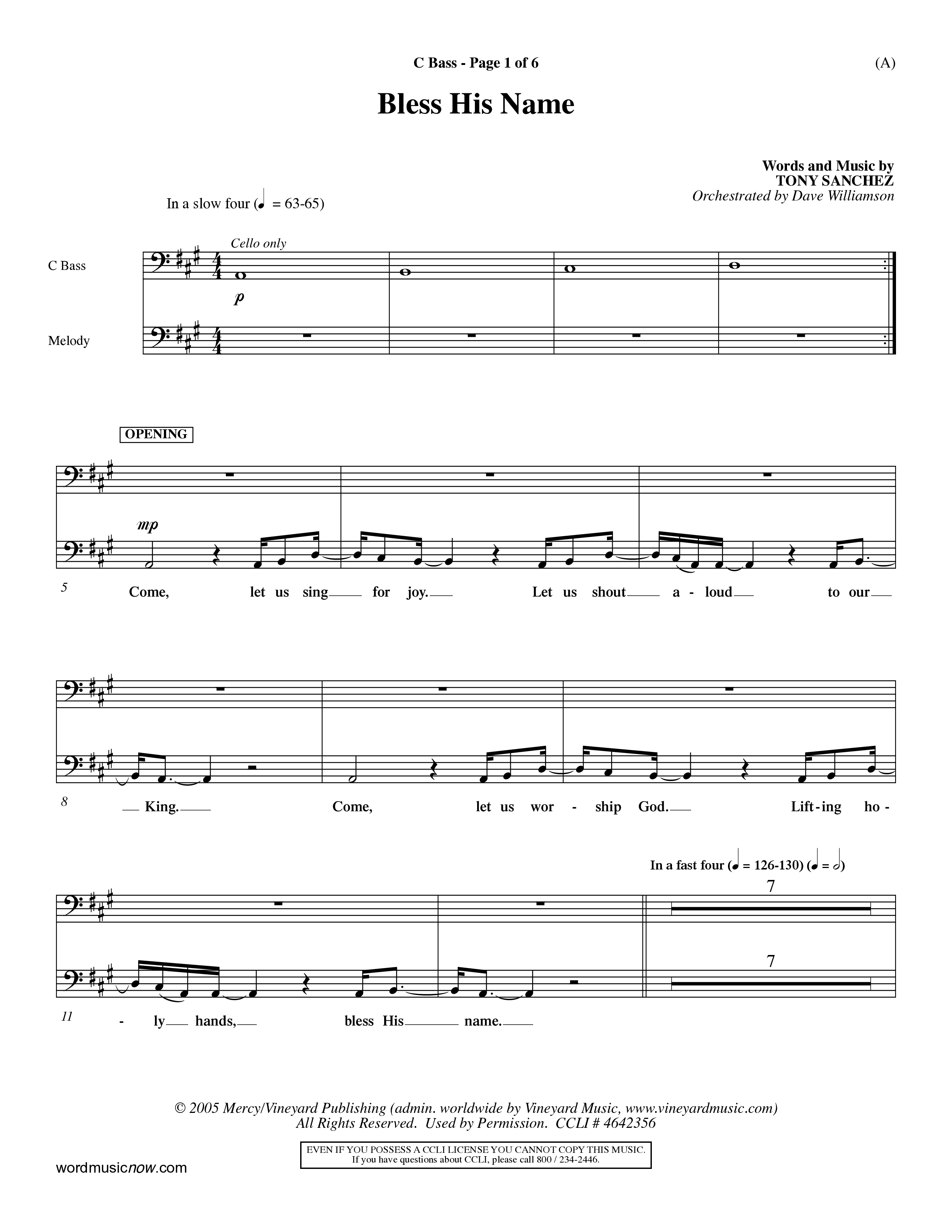 Bless His Name (Choral Anthem SATB) Contrabass (Word Music Choral / Orch. Dave Williamson)